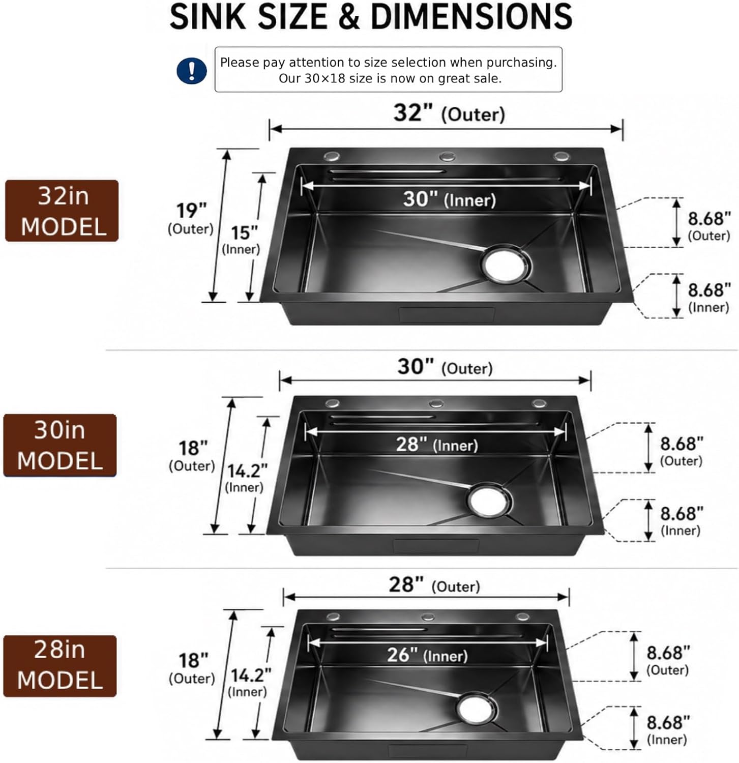 black 32x19 drop in kitchen sink with faucet & accessories, stainless steel workstation sink, 16 gauge single bowl top mount, deep bowl design, modern kitchen & commercial use black 32*19in