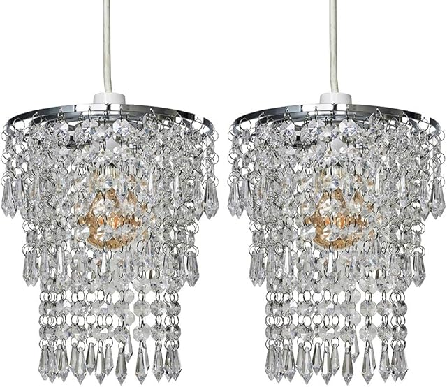 Pair of - Modern Chrome Chandelier Pendant Shades with Clear Acrylic Jewel Droplets