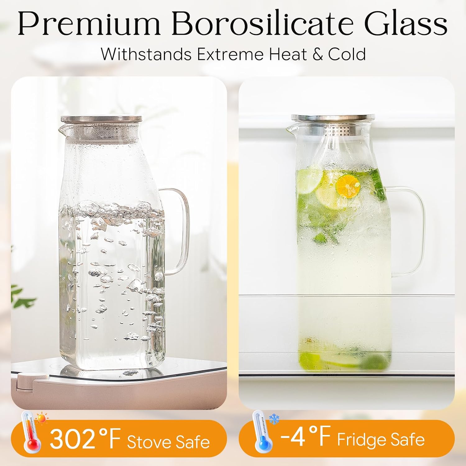 68 oz Glass Pitcher with Lid, Water Pitcher for Tea, Juice, Drink, Lemonade