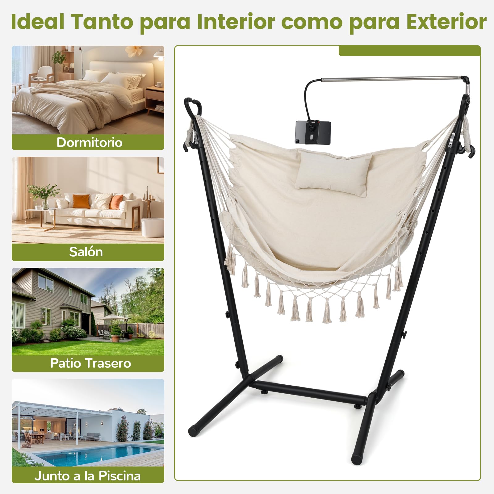 COSTWAY Silla Hamaca con Soporte, Altura Ajustale, Hamaca Jardin Exterior con armazón, Porta Teléfono, Almohada y Bolsillo Lateral, Silla Colgante Interior y Exterior, Máx. 250 KG (Beige)
