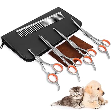 6Pcs Pet Grooming Scissors, Stainless Steel Round Tip Dogs&Cats Grooming Scissor, Puppy Cutting Scissors Kit with Thinning, Straight, Curved Shears and Comb for Long or Short Hair Pets (Orange)