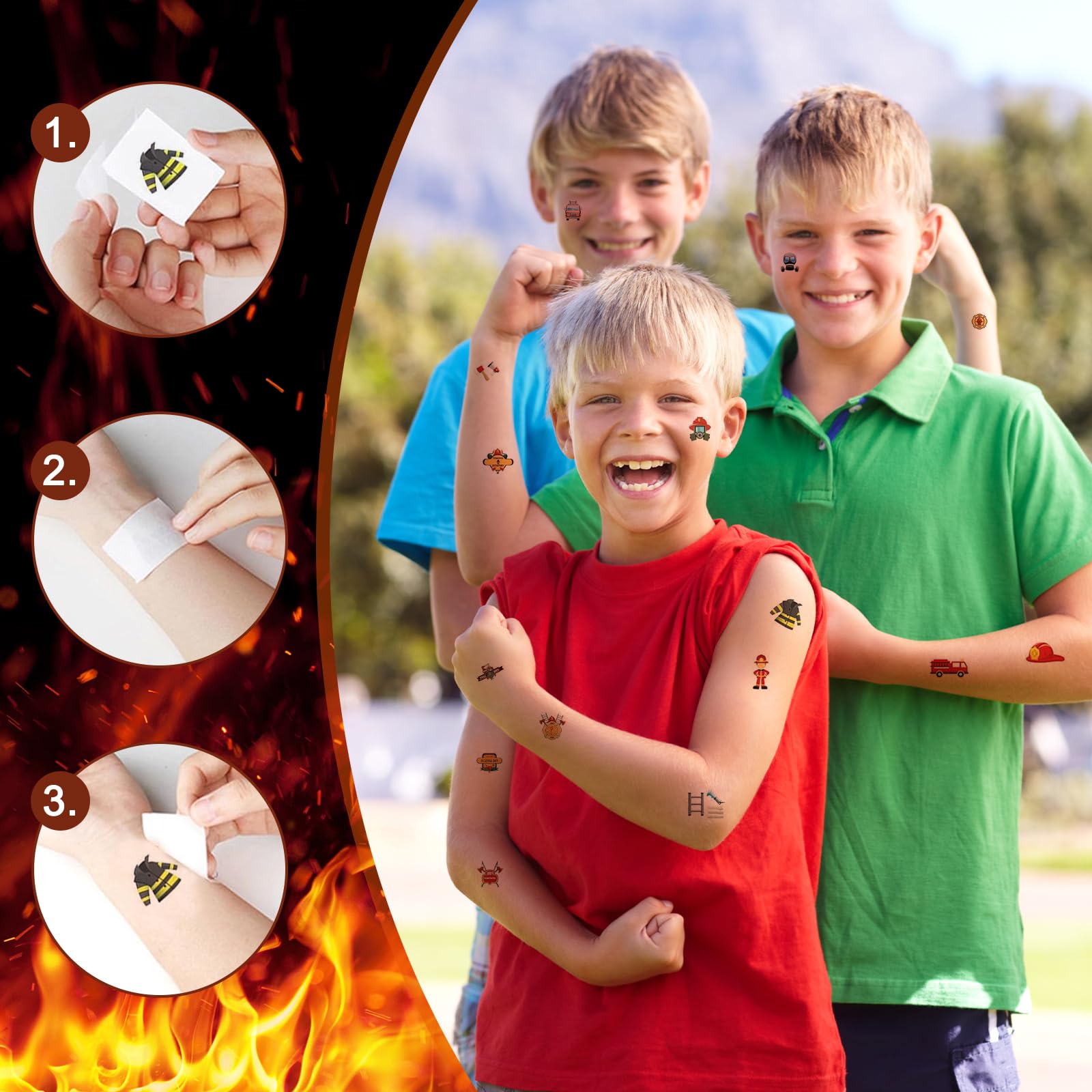 ARONRAVE Vigili del fuoco per feste, regalo di compleanno per bambini, 12 vigili del fuoco, 10 pompiere, portachiavi con 10 tatuaggi temporanei e vigili del fuoco