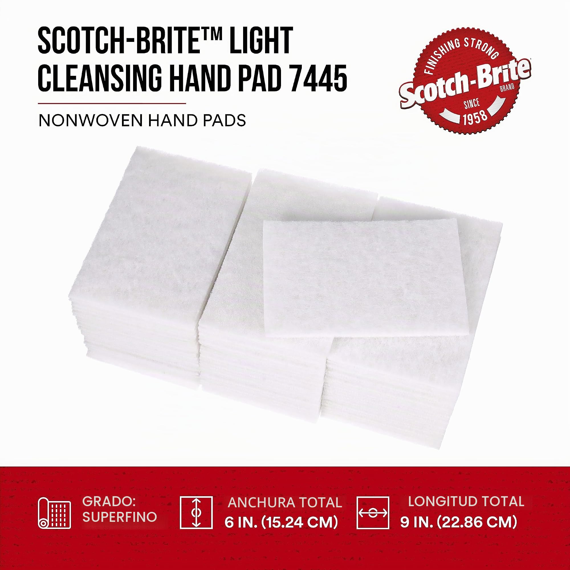 Scotch-Brite(TM) Almohadilla de limpieza ligera 7445, silicato de aluminio, 9 cm de largo x 6 cm de ancho, color blanco (paquete de 20), Pack of 20