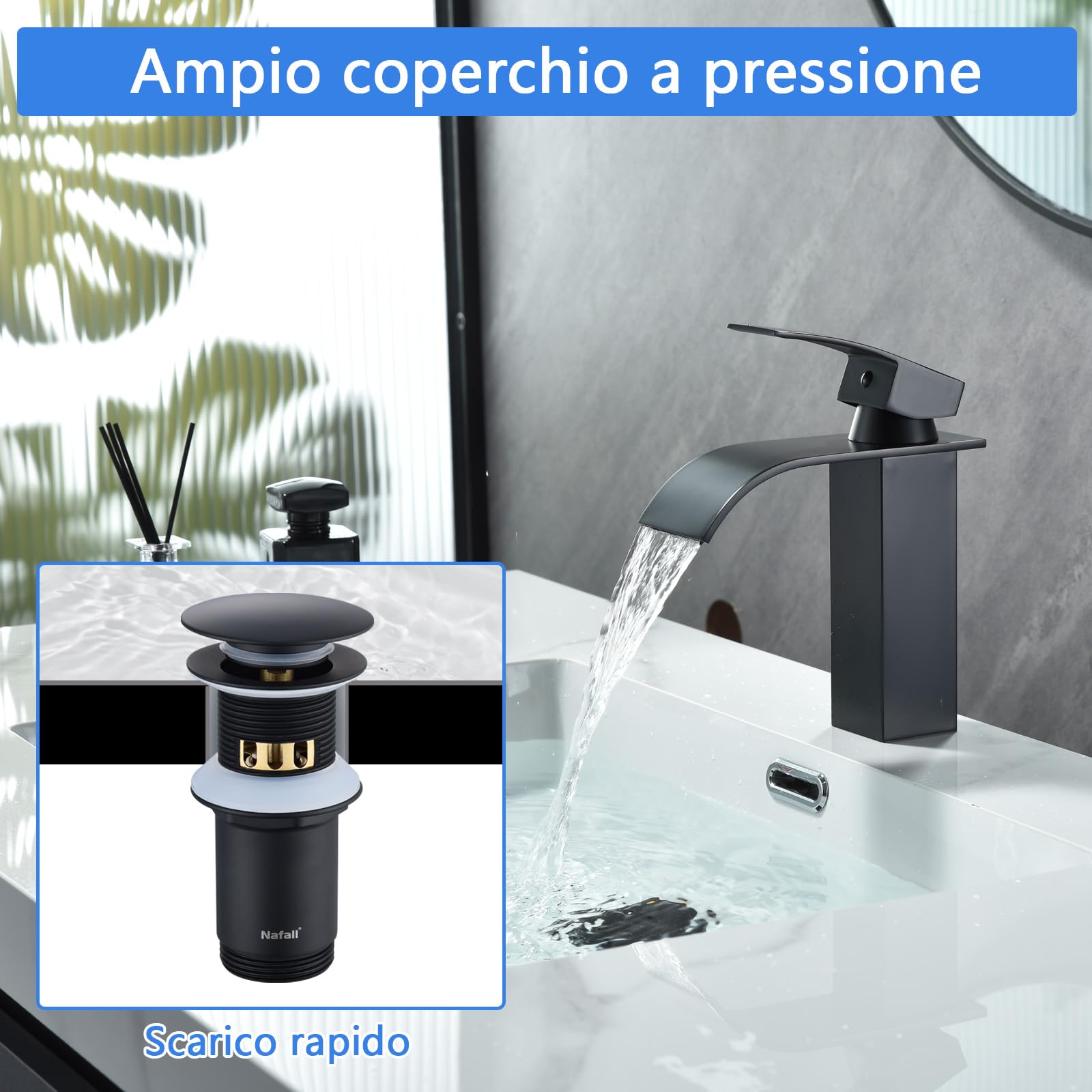 Nafall Piletta Lavabo Bagno - Piletta Per Lavabo Con Troppopieno, Ottone Piletta Click Clack Con Cestello Di Raccolta (Misura Standard G1 1/4", Nero)