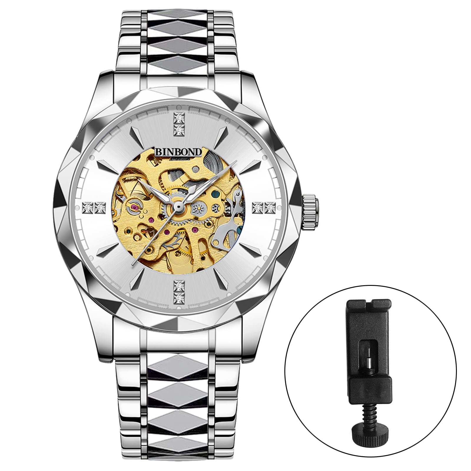 JewelryWe Orologio da Polso Meccanico Automatico: Orologio da Uomo Impermeabile Scheletro Orologi Lusso Diamante Luminoso Cinturino in Acciaio Inossidabile
