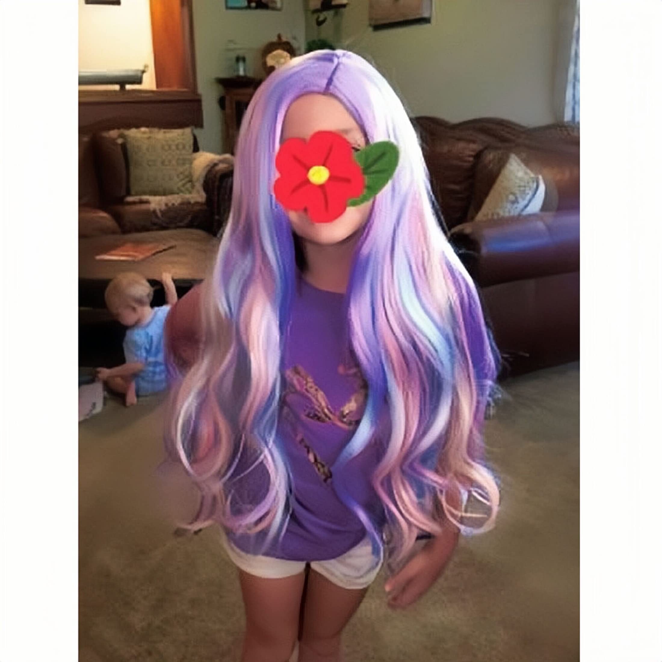 DUDUWIG22 inches Long Rainbow Wig for Kids Girls Long Multi-color Wavy Curly, Lovely Color Synthetic Cosplay Hair Wig for Children with Hair Cap