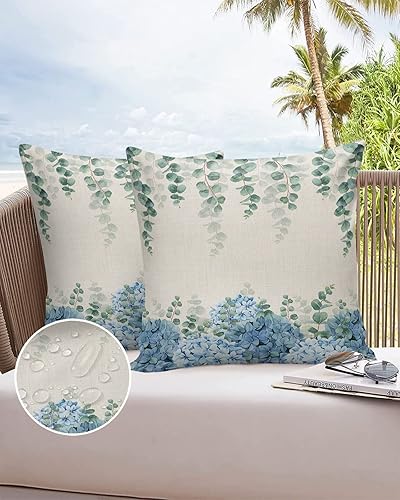 Miniatura 6 de Fundas de almohada impermeables para exteriores, 18 x 18 pulgadas, diseño de flores de hortensia, hojas de eucalipto, fundas de almohada decorativas