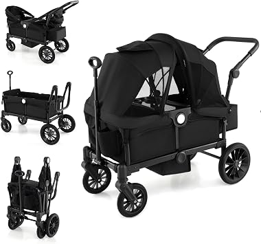 Maxmass Folding Stroller Wagon for 2 Kids, Double Baby Stroller with Removable Canopy, Adjustable Handle, Food Tray, 3-Point Harness & Cup Holder, Infant Pushchair for Outdoor (Black)