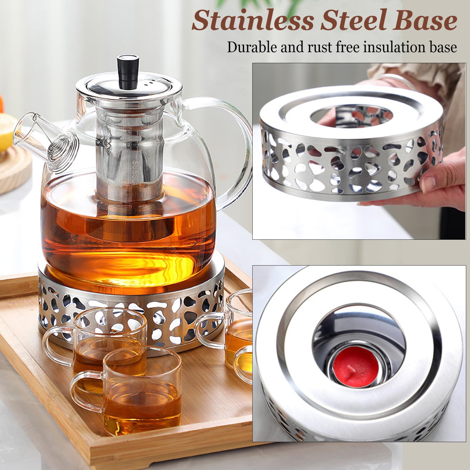 Tetera con Calienta Teteras e Infusor 1500ml, Tetera de Vidrio con Calienta Teteras de Acero Inoxidable, Tetera de Vidrio Borosilicato, Té de Frutas – Tetera de Vidrio para Vitrocerámica y Vela