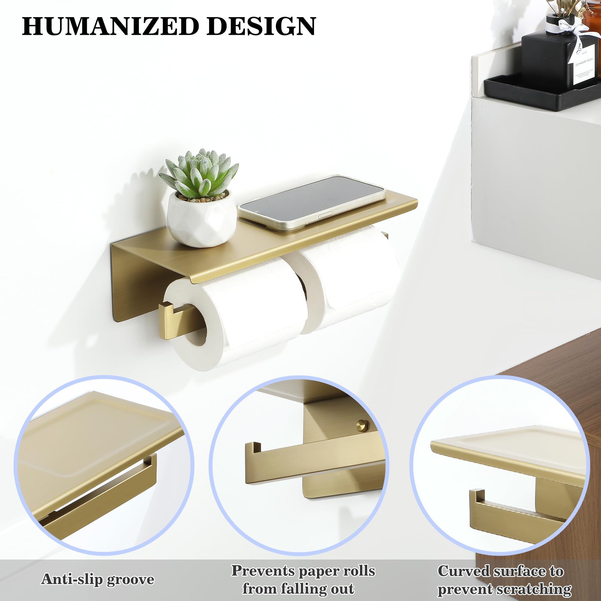 Alise Gold Double Toilet Paper Holder with Shelf,Self Adhesive or Drilling — Amazon image 5