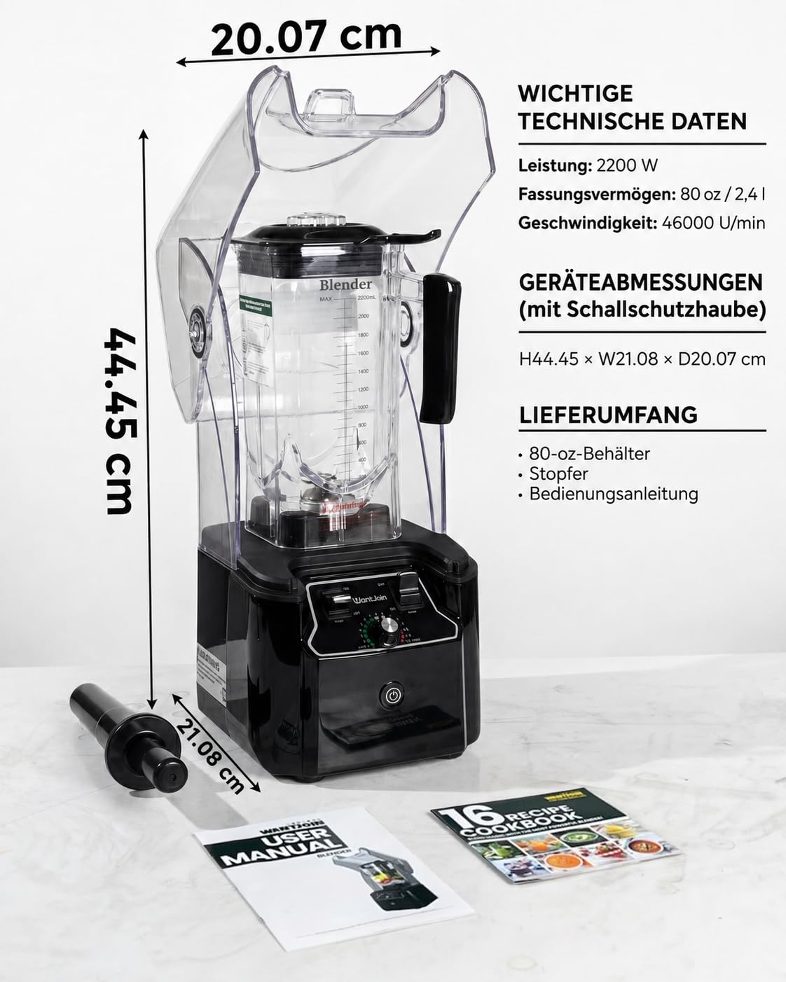 WantJoin Kommerzieller Mixer mit Schallschutzhaube 2.2L Leise Professioneller Smoothiemaker 2200W Hochleistungsmixer Gewerbe-Standmixer für Eiszerkleinerung, Gefrorene Desserts, Suppen und Fisch