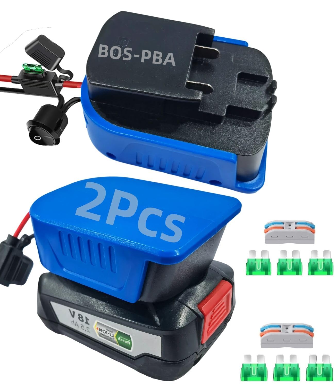 2Pcs Adapters for Bosch 18V PBA Battery,Power Wheels with 14 AWG Wire Cable & Fuse & Switch, Power Tool DIY Converter(not for GBA battery)
