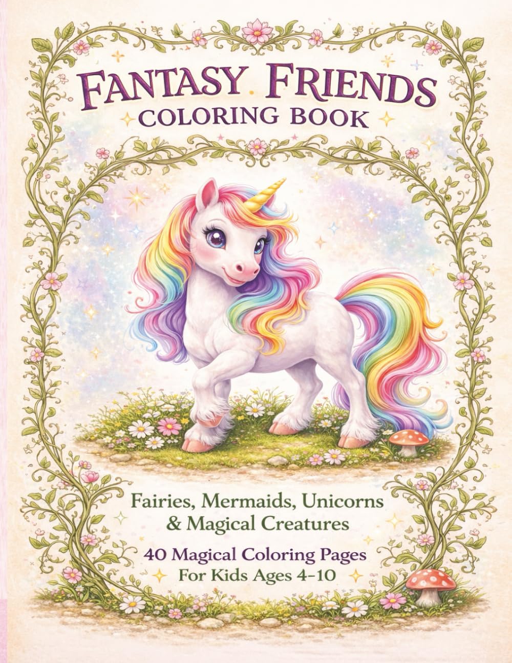 Fantasy Friends Coloring Book: Fairies, Mermaids, Unicorns and Magical Creatures 40 Magical Coloring Pages for Kids Ages 4 - 10