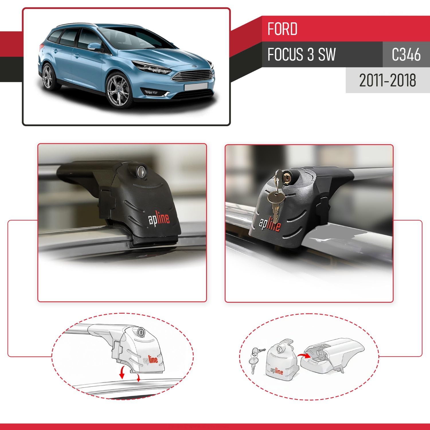 Compatibile con Ford Focus 3 (C346) SW 2011-2018 Modello ACE-2 Barre Tetto Portapacchi Auto Barre Portatutto Grigio Alluminio 2 Barre