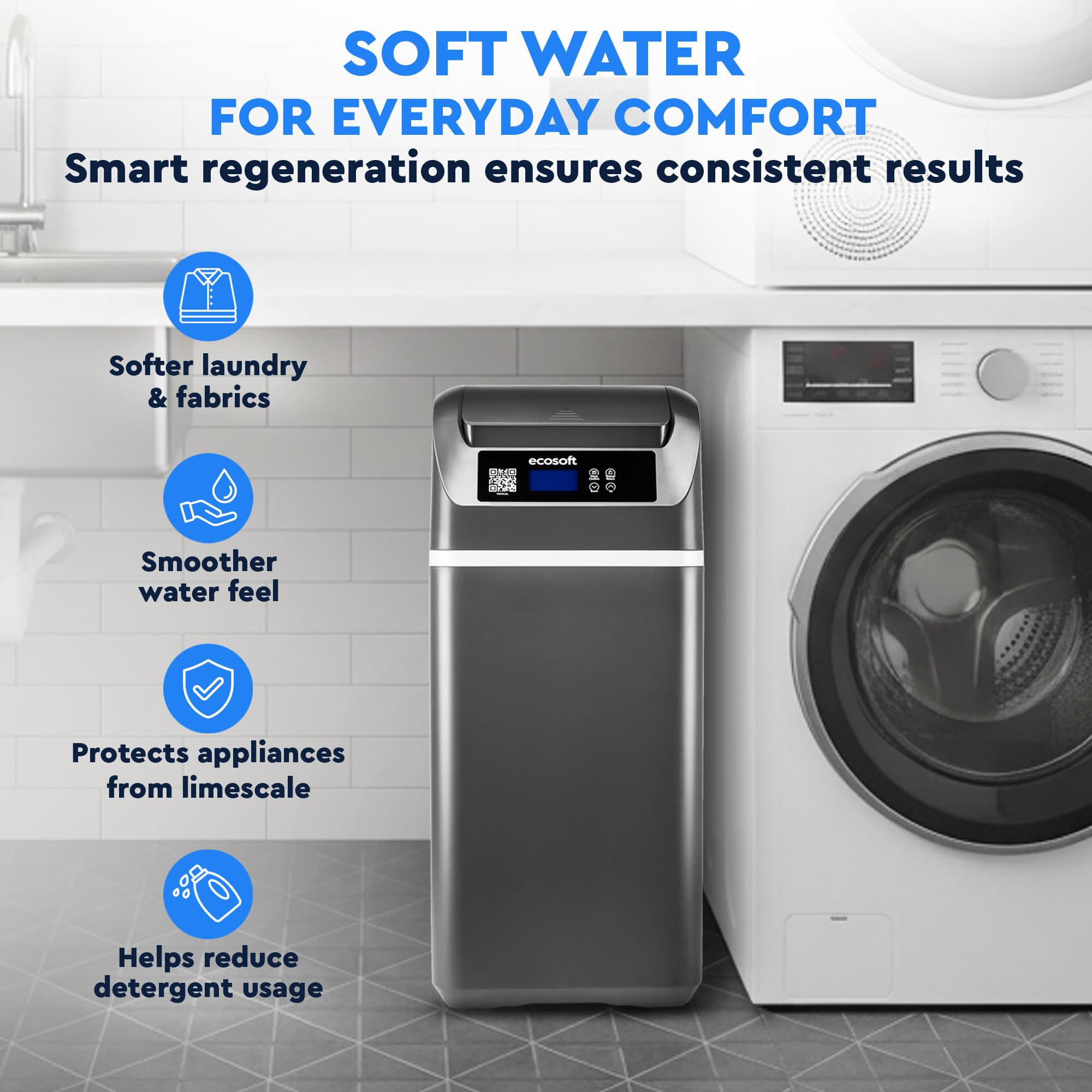 Ecosoft CUBE 150 Descalcificador Compacto para Hogares de hasta 4 Personas | Totalmente Automático, Modo Vacaciones, Aviso para Rellenar la Sal, Conexiones No Incluidas, Pastillas de Sal