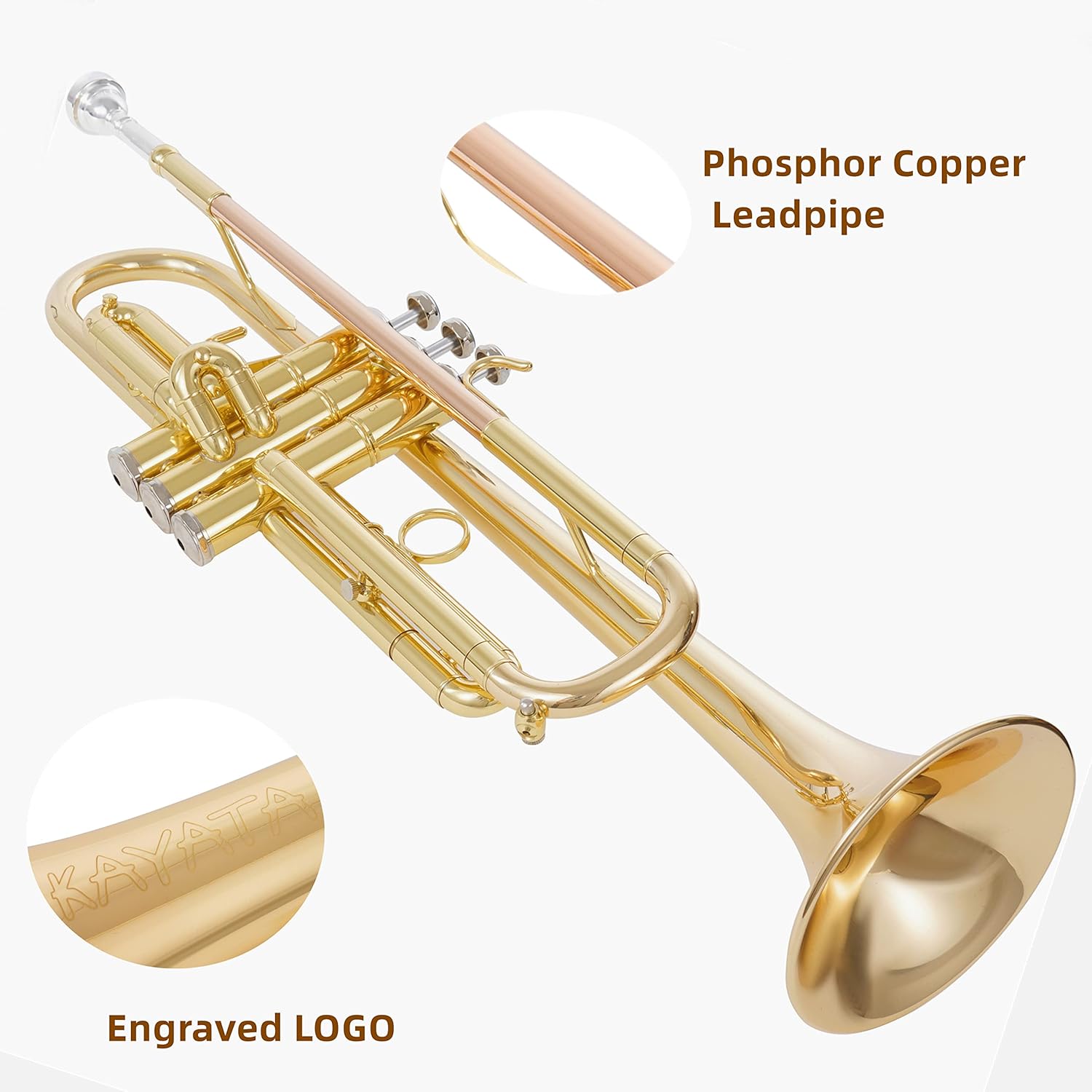 Bb Trumpet (Golden) – Beginner/Student Brass Instrument with Phosphor Copper Leadpipe, ABS Sturdy Case, Cleaning Kit & 7C Mouthpiece