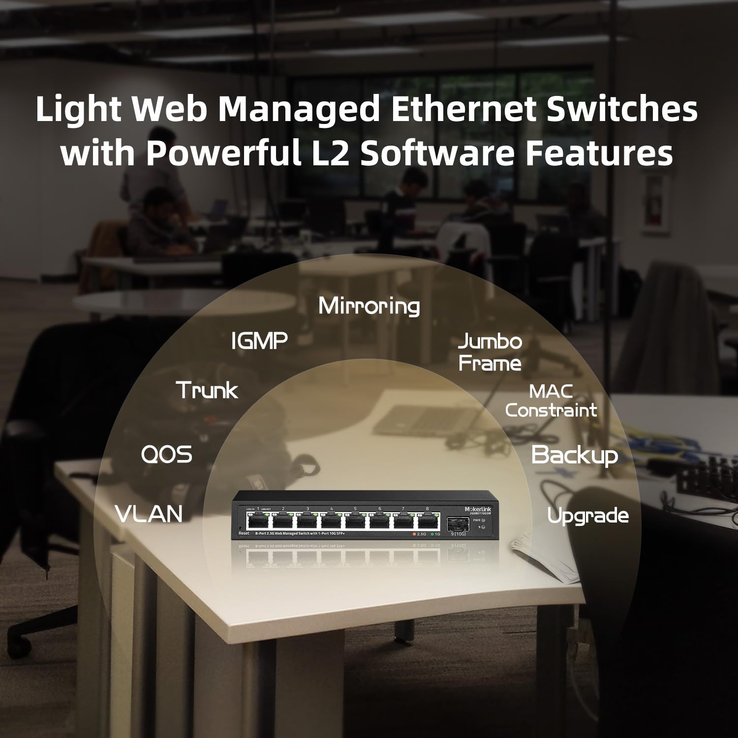 MokerLink 8 Port 2.5 Gigabit Managed Switch mit 10G SFP+ Slot, 8 x 2.5G Base-T Ports kompatibel mit 10/100/1000Mbps, Mini Größe Metall Web Managed Netzwerk Switch ohne Lüfter