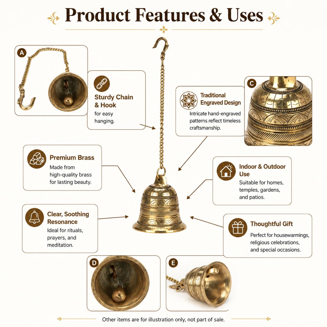 Kartique Brass Hanging Temple Bell with Chain J Hook Pooja Ghanti Decor