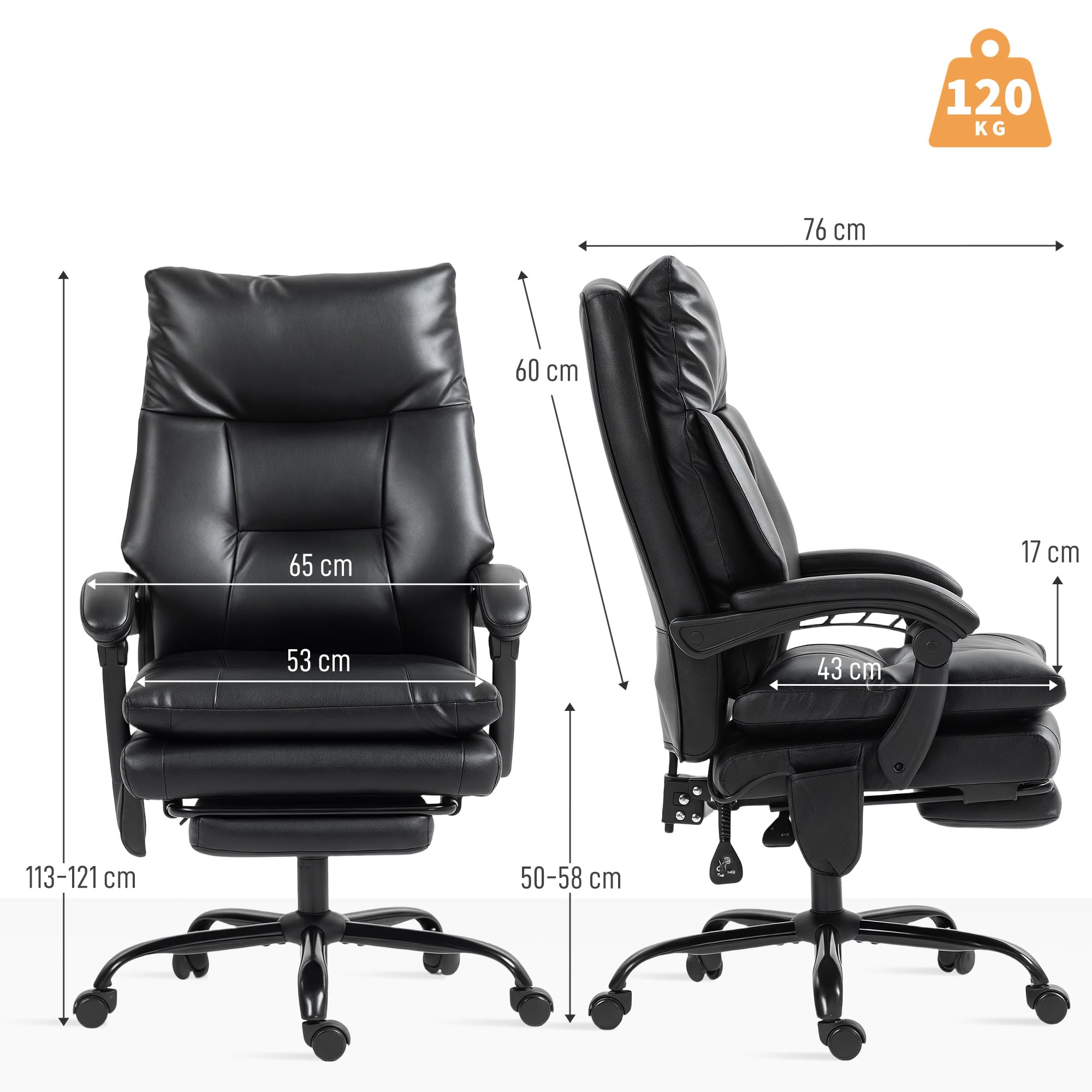 HOMCOM Silla de Escritorio con Soporte Lumbar Inflable, Tapizada en PU, Silla de Oficina Giratoria con Reposapiés, Respaldo Reclinable, Respaldo Alto, Altura Ajustable, Negro