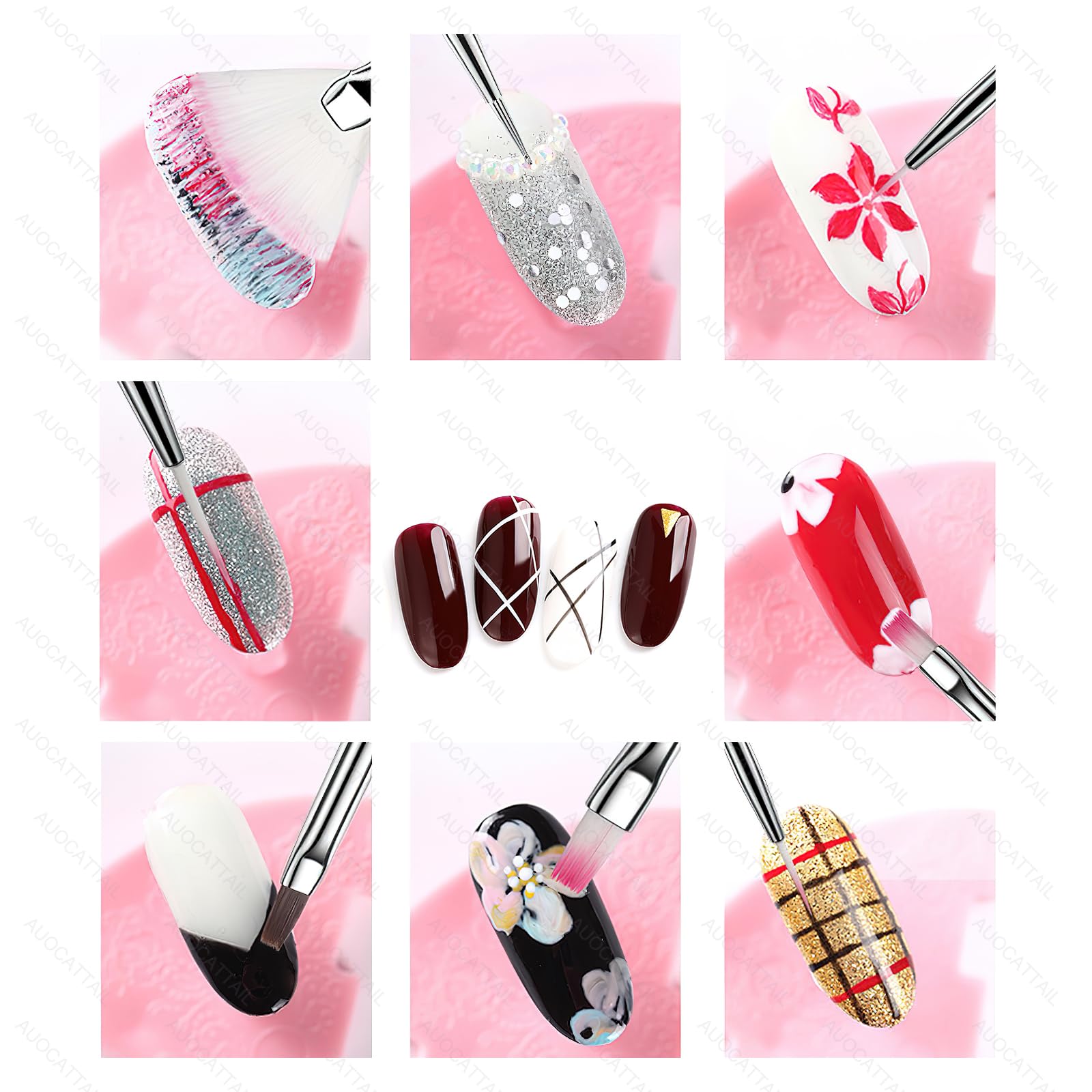 AUOCATTAIL 15 Pcs Nail Brushes Nail Art Kit for Nail Detailing Brush Makeup Brushes Cleaning Fingernails Nail Dotting Tool for Home Salon DIY Manicure Design Tools (Rose Red)