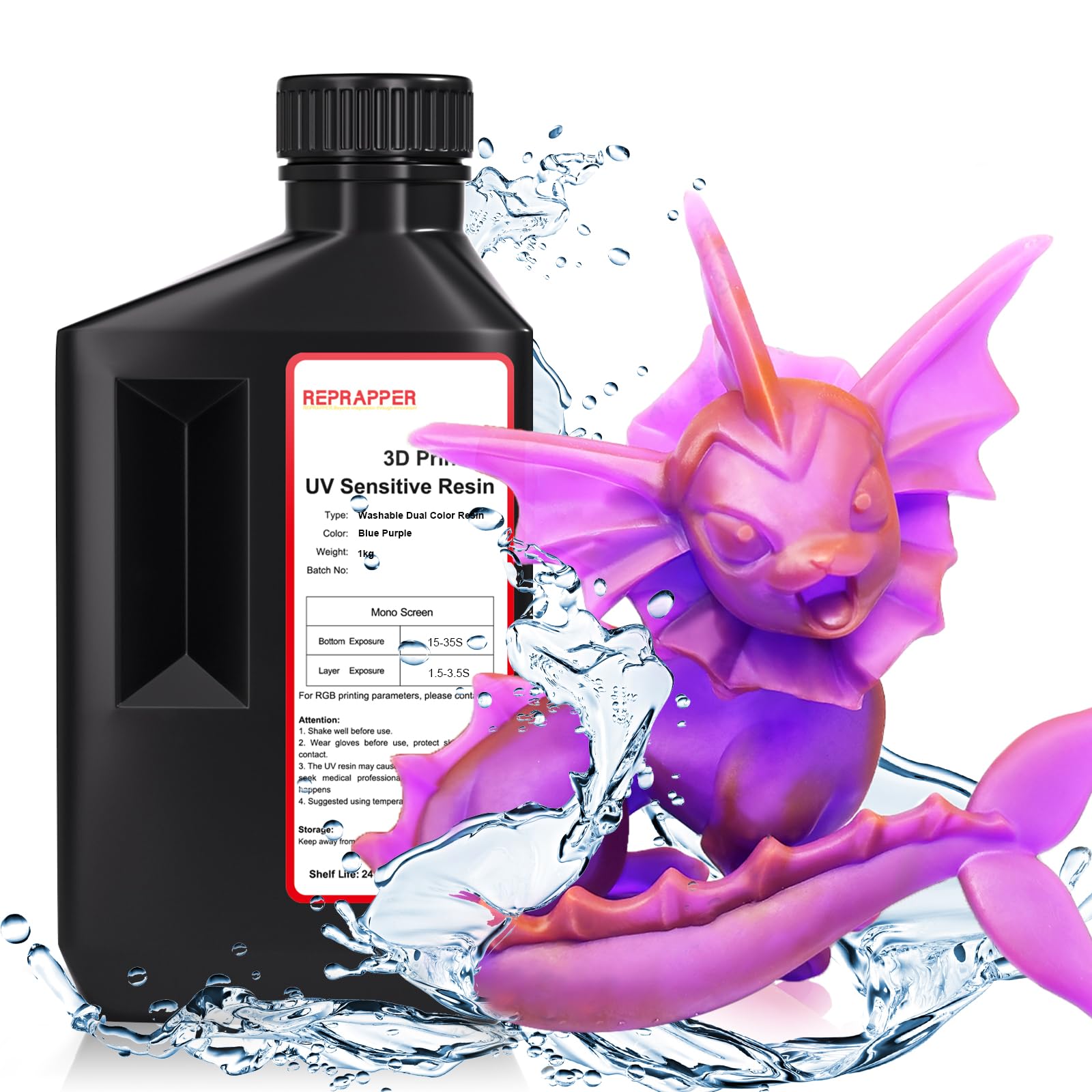 RepRapper Dual Color Water Washable 3D Printer Resin, 405nm Fast UV-Curing Color Change 1kg 3D Printing Resin Photopolymer Sensitive Resin for LCD