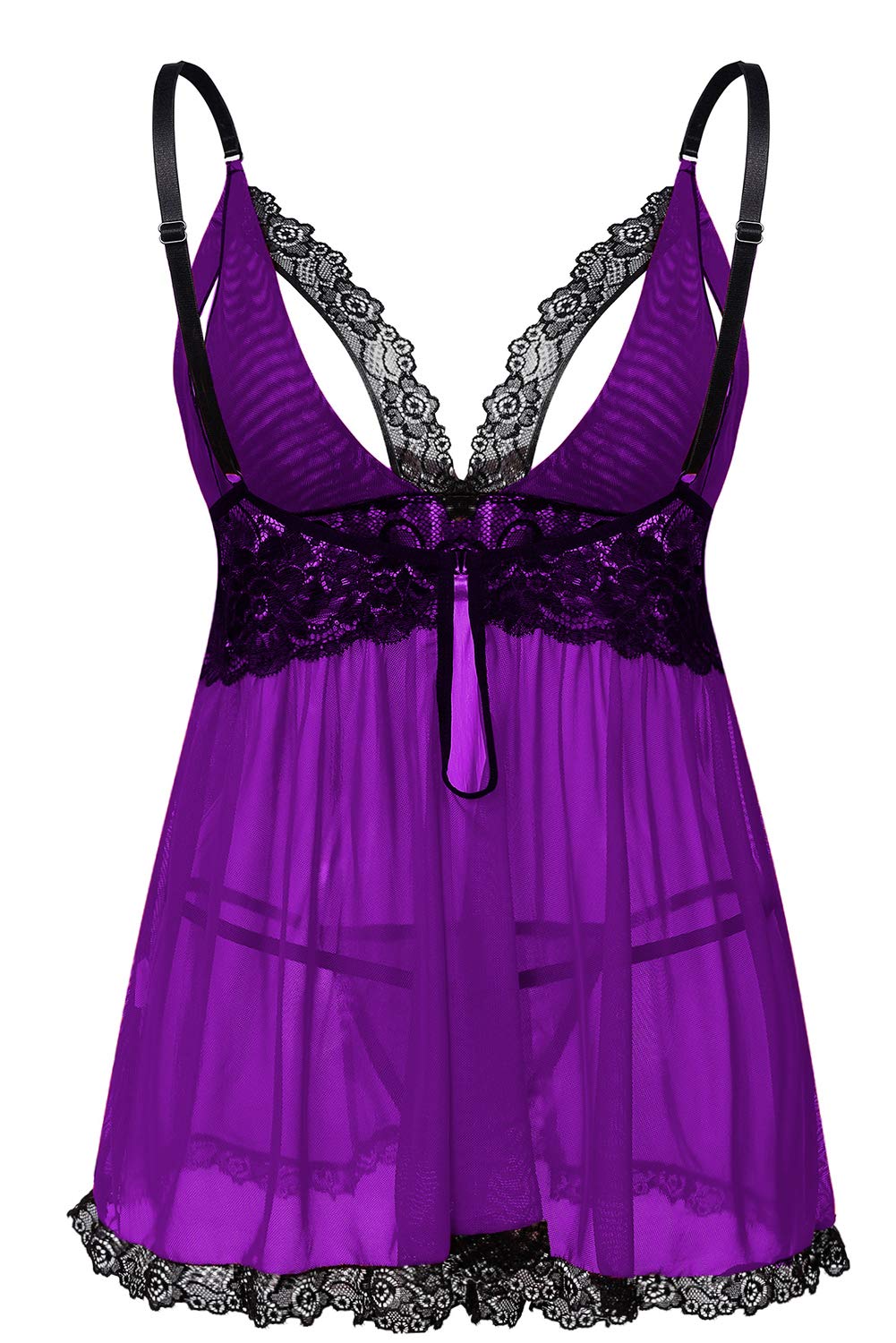 Donnalla Plus Size Babydoll Lingerie Set for Women Sexy Mesh Lace Nightwear Adjustable Straps V Neck Chemise with Panty: XX-Large Purple