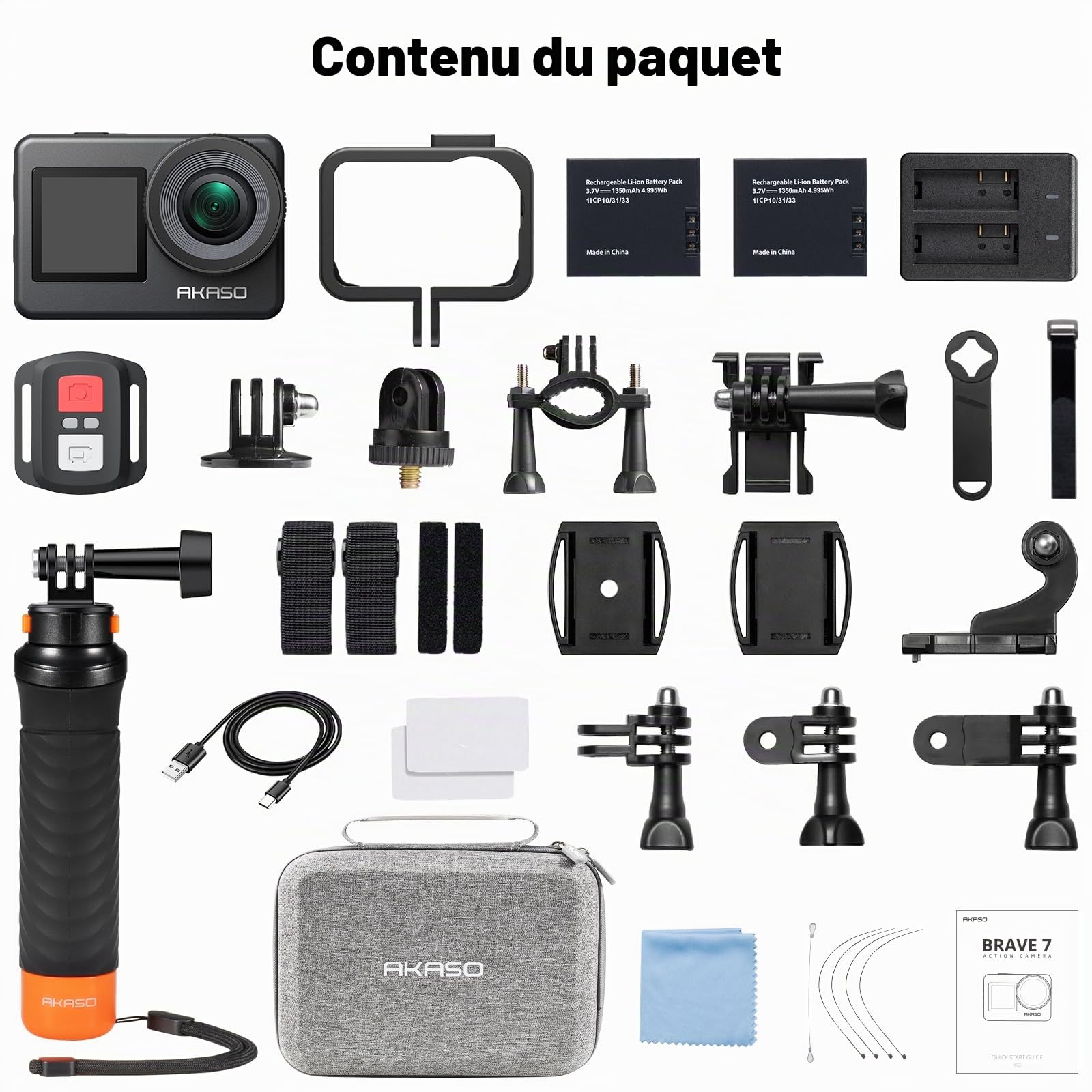 AKASO Brave 7 Caméra Sport Kit de Poignée Flottant IPX8 Action Cam Etanche | 4K 20MP Caméra d‘Action avec EIS Stabilisateur, Vocale, Deux Écrans Tactile, Sac de Rangement, Vlog Caméra, Kit d'Accessoires