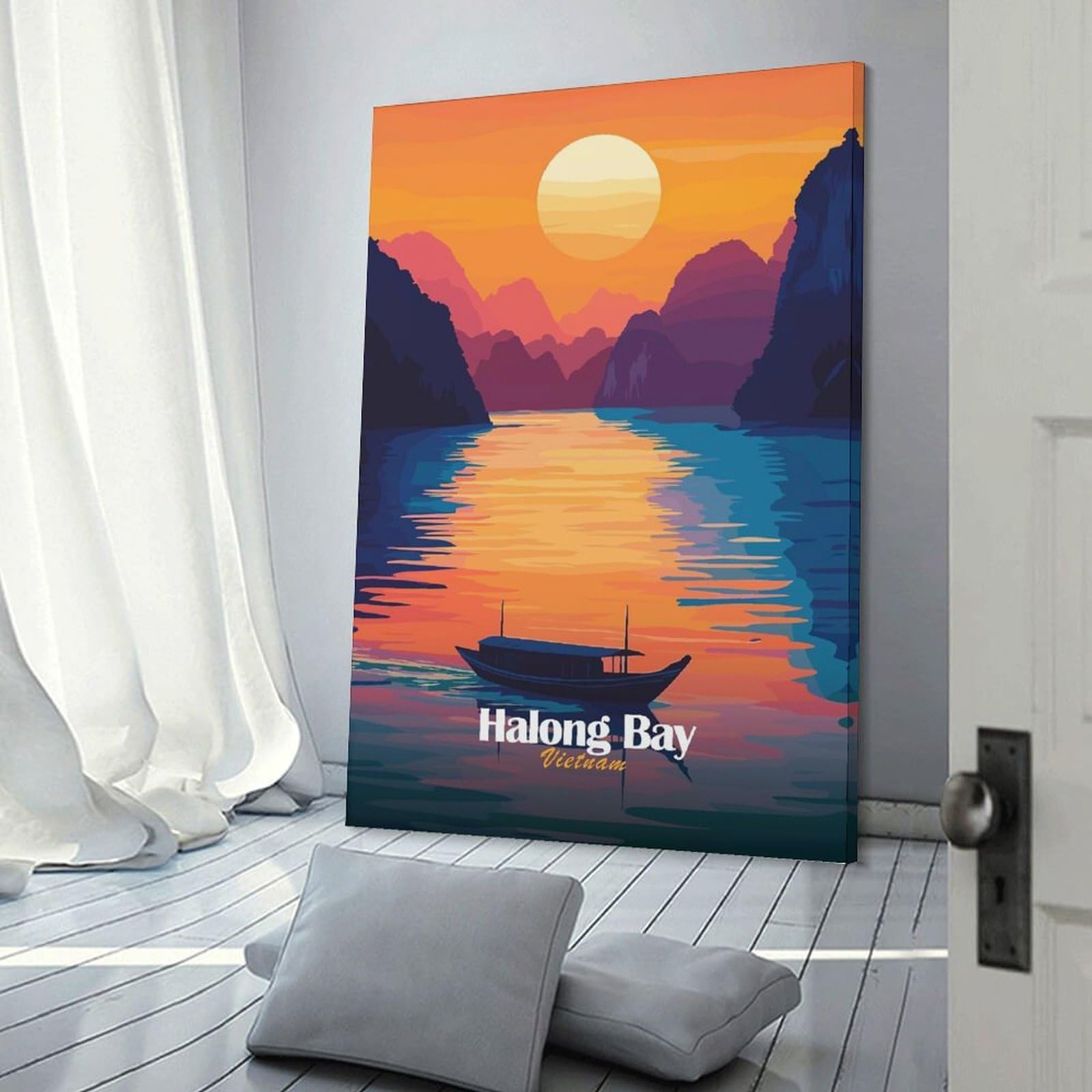 Junmoney Frame-Style-2 Hanging Wall Art Halong Bay Sunset, 16X24inch(40X60cm), For Gallery Wall Layouts In Home Or Office, An Easy Match For Collected Prints