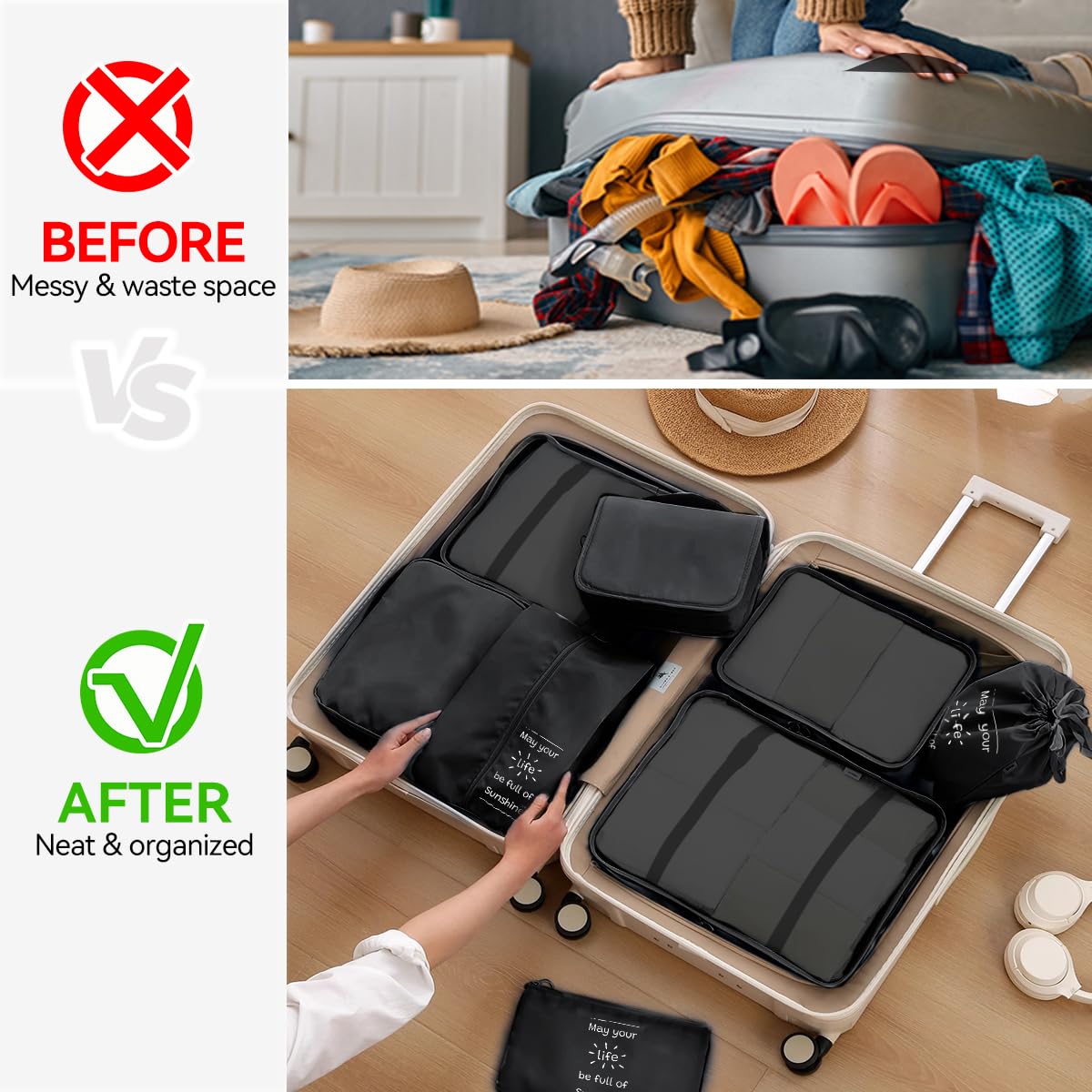 Shadcoler Organizer Valigia, 8 Pezzi Organizer Valigia Salvaspazio, Organizer Viaggio, Packing Cubes per Cosmetici, Abbigliamento Intimo, Vestiti, Borse, Scarpe, Viaggio Accessori Utili (Black)