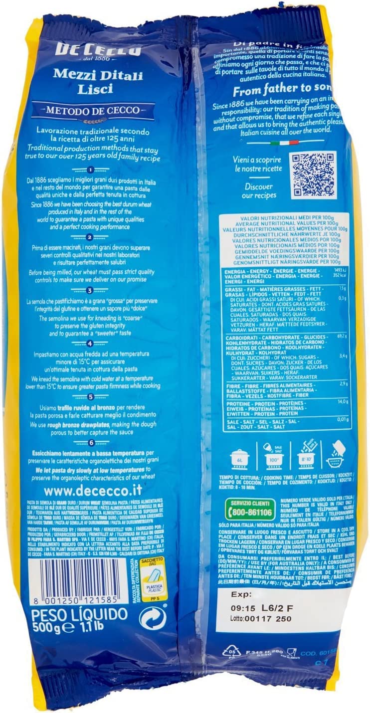 20 Pasta De Cecco 100% Italiano Mezzi Ditali Lisci n° 158 Fideos 500 g Pasta corta