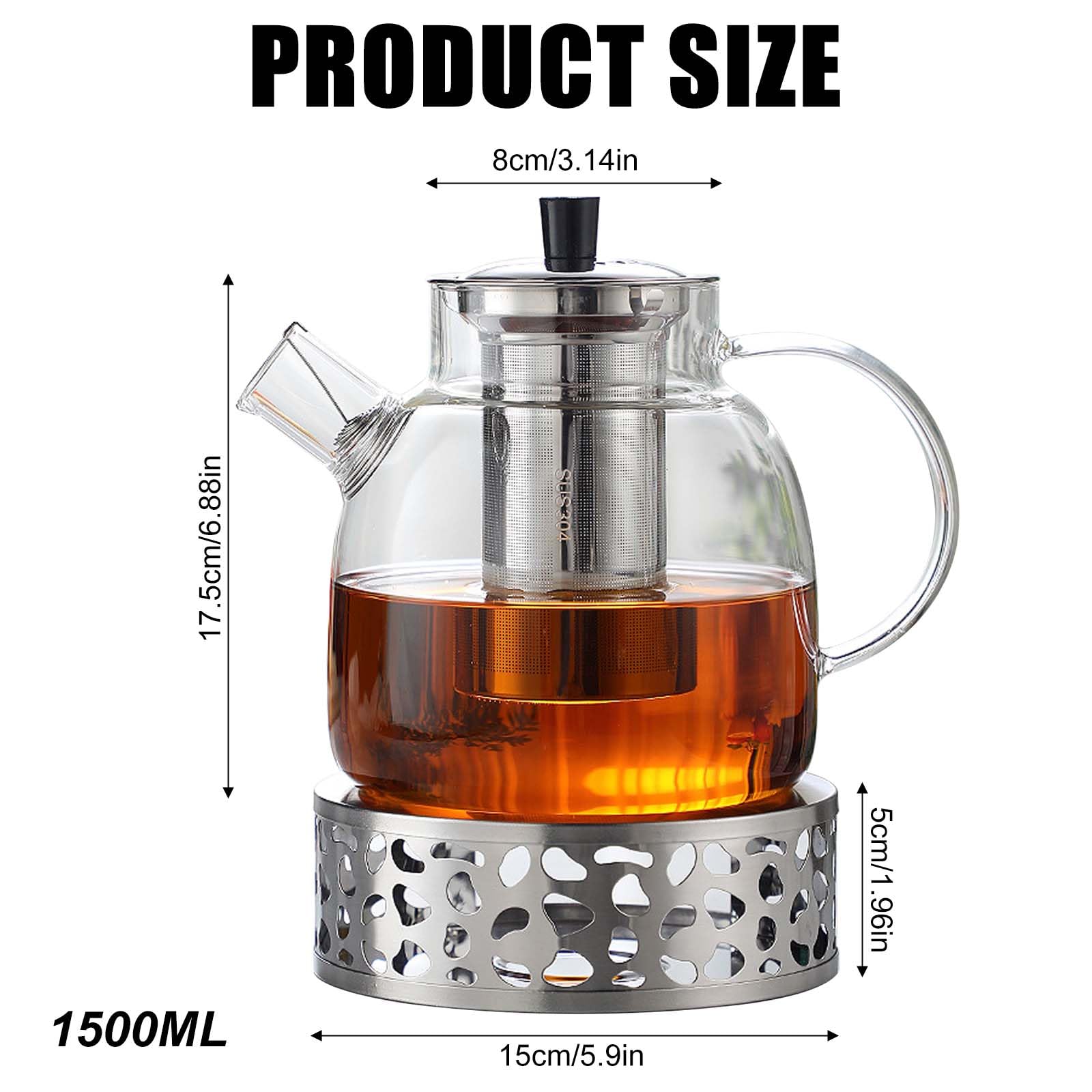 1.5L Teekanne mit Siebeinsatz und Deckel, Teekanne aus Glas Borosilikat, Glas Teebereiter mit Abnehmbare Siebeinsatz & Stövchen, Glasteekanne für Losen Tees Fruchttee Duftender Tee