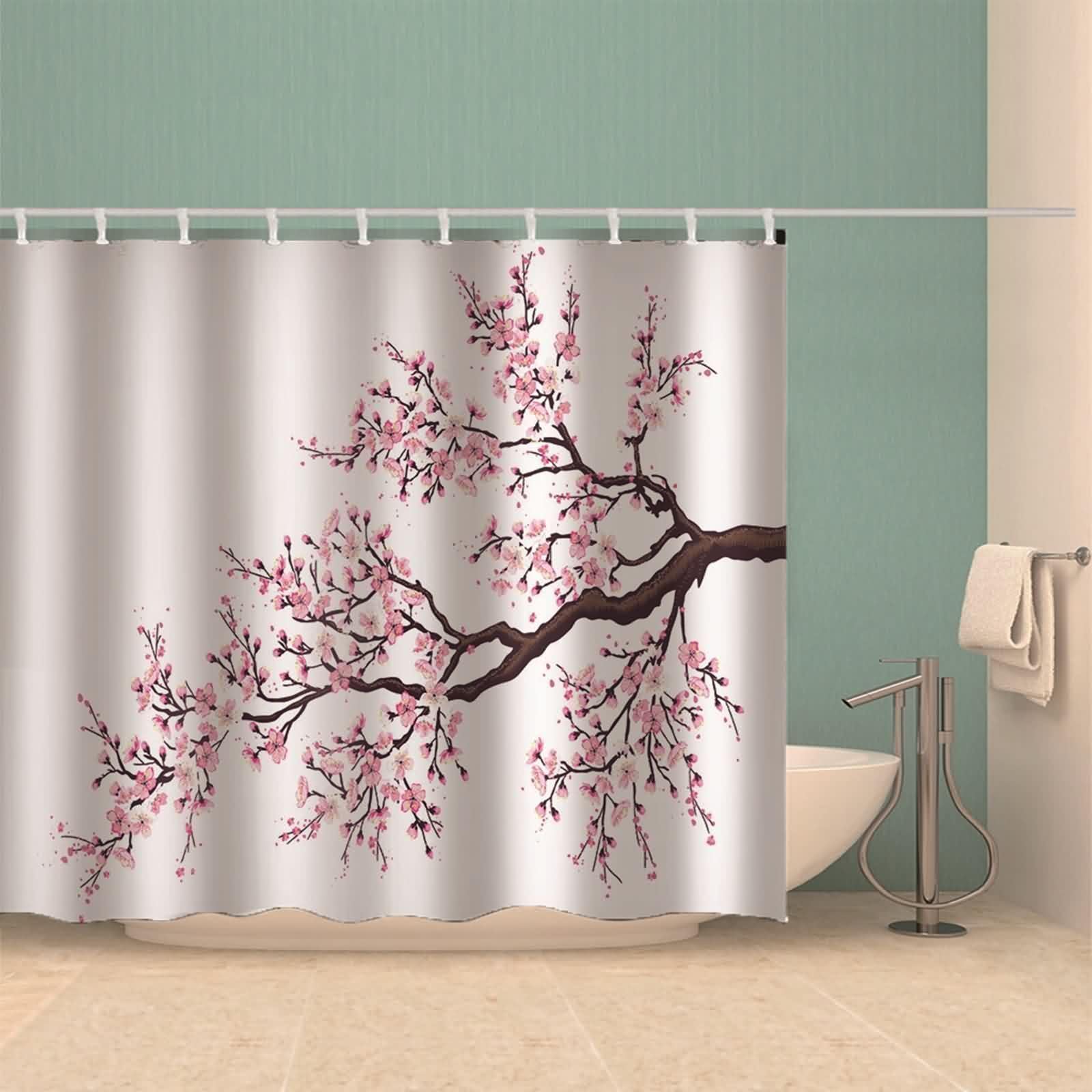 Rideau de douche en textile rose, motif fleur de pêcher, rideau de salle de bain, tissu polyester, résistant à la moisissure, lavable, avec anneaux de rideau de douche