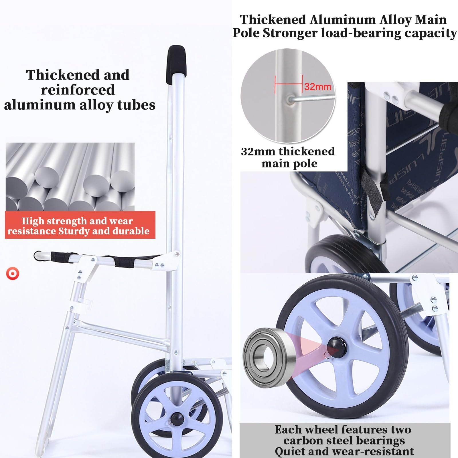 Zusammenklappbarer Einkaufswagen mit Sitz, kompakter Einkaufswagen, Treppensteig-Design, 100 kg Kapazität, leichter Allzweckwagen für Senioren, tragbar und faltbar, schwarzes Rad