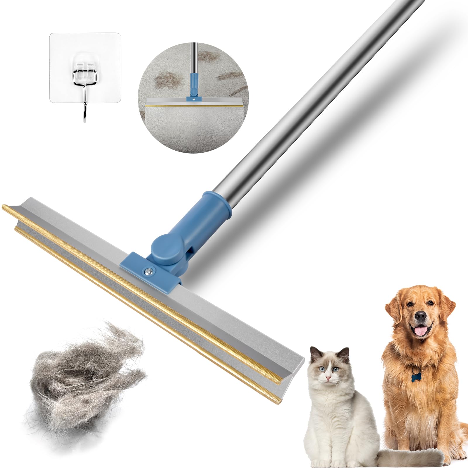 flintronic Quita Pelos Mascota, Herramienta para Quitar Pelusas de Alfombras, Rastrillo de Alfombras con Mango Largo Ajustable, Lavable y Reutilizable, para Sofa, Alfombra, Muebles (Azul)