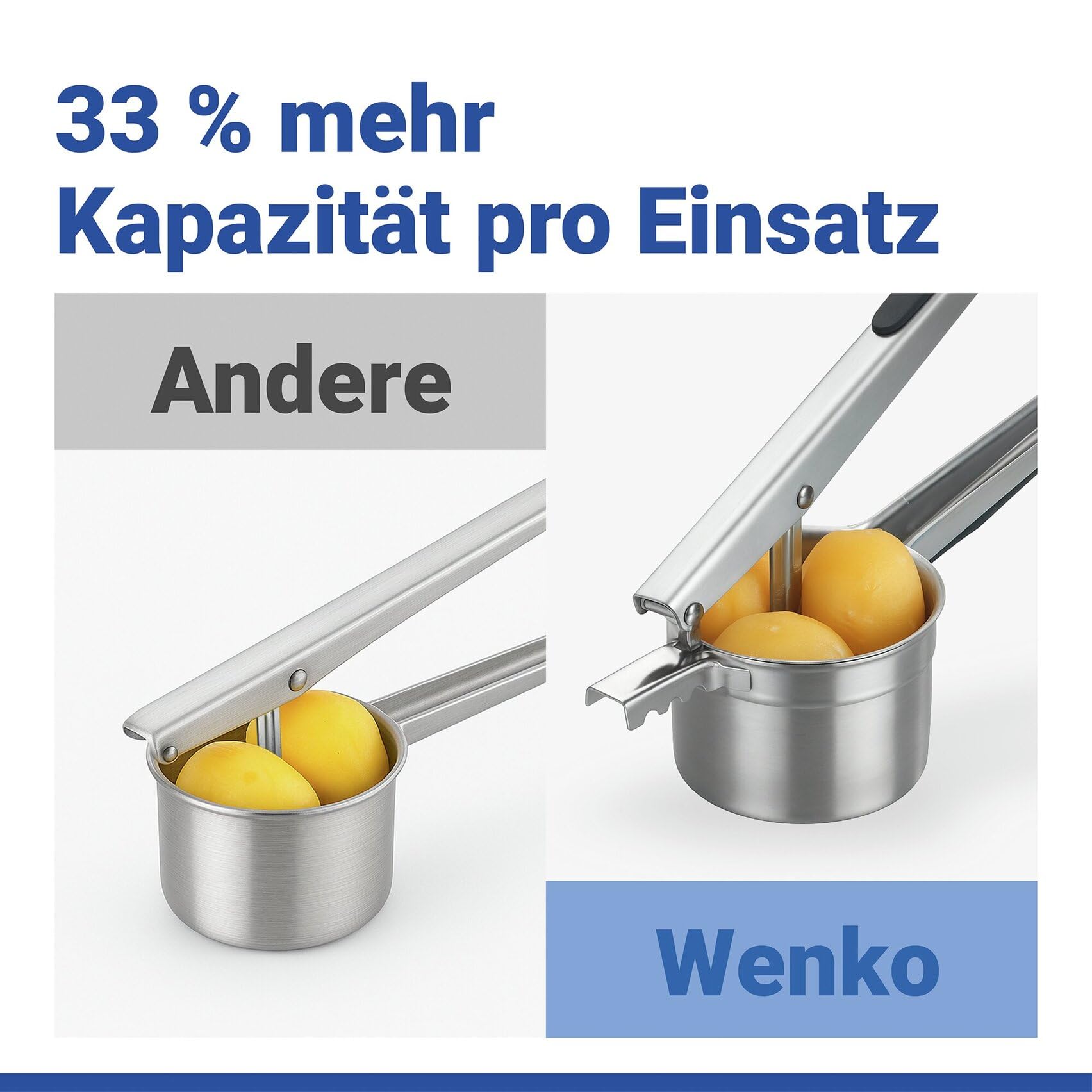 Multi-Presse XL aus Edelstahl, große Kartoffelpresse und Küchenpresse mit 4 Einsätzen, 330 ml Volumen, rutschfeste Silikon-Griffe, spülmaschinengeeignet
