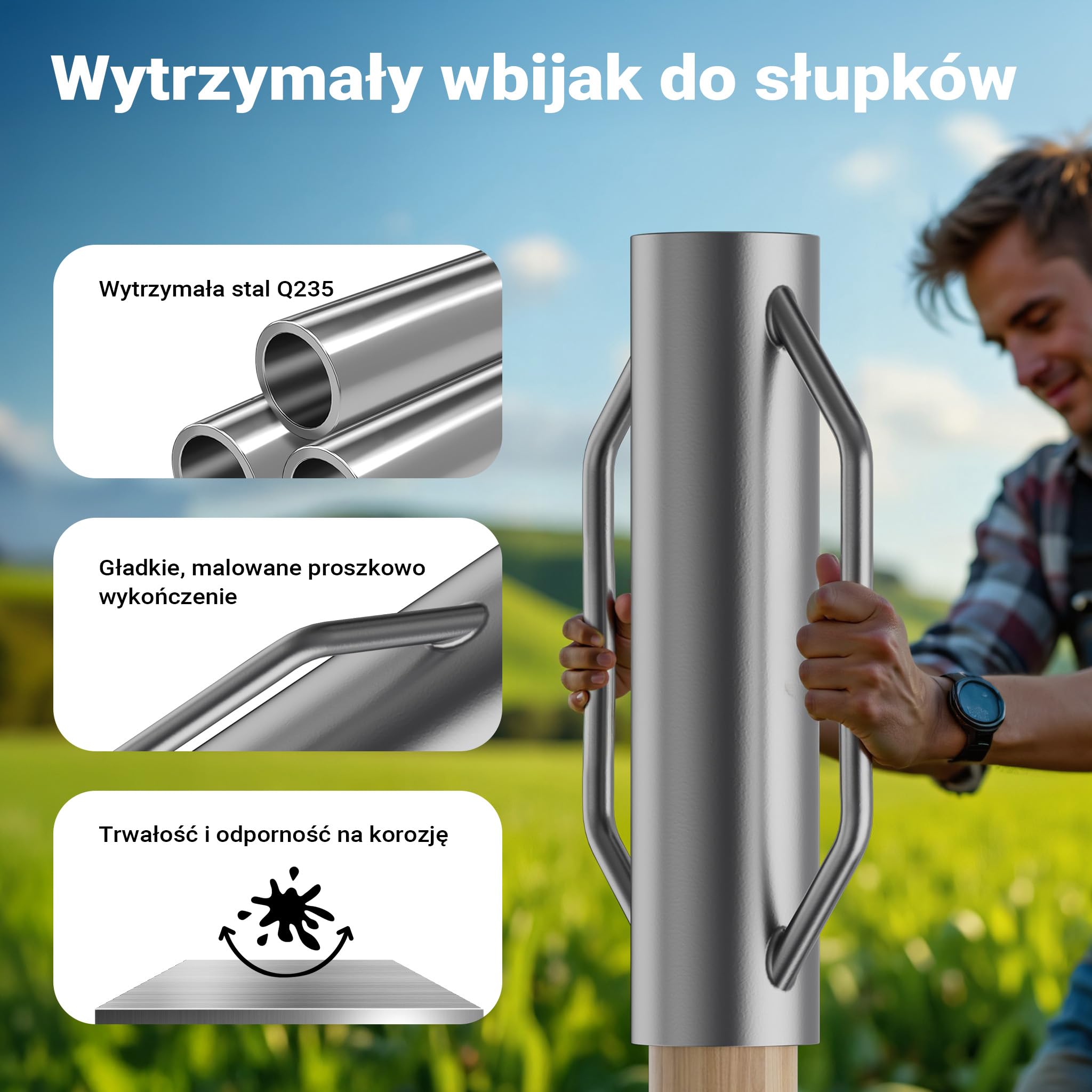 Wiltec Ręczny kafar stalowy Ø 140 mm z uchwytami do wbijania słupków, pali ogrodzeniowych i zagęszczania gruntu, palownica do pali drewnianych i rur metalowych
