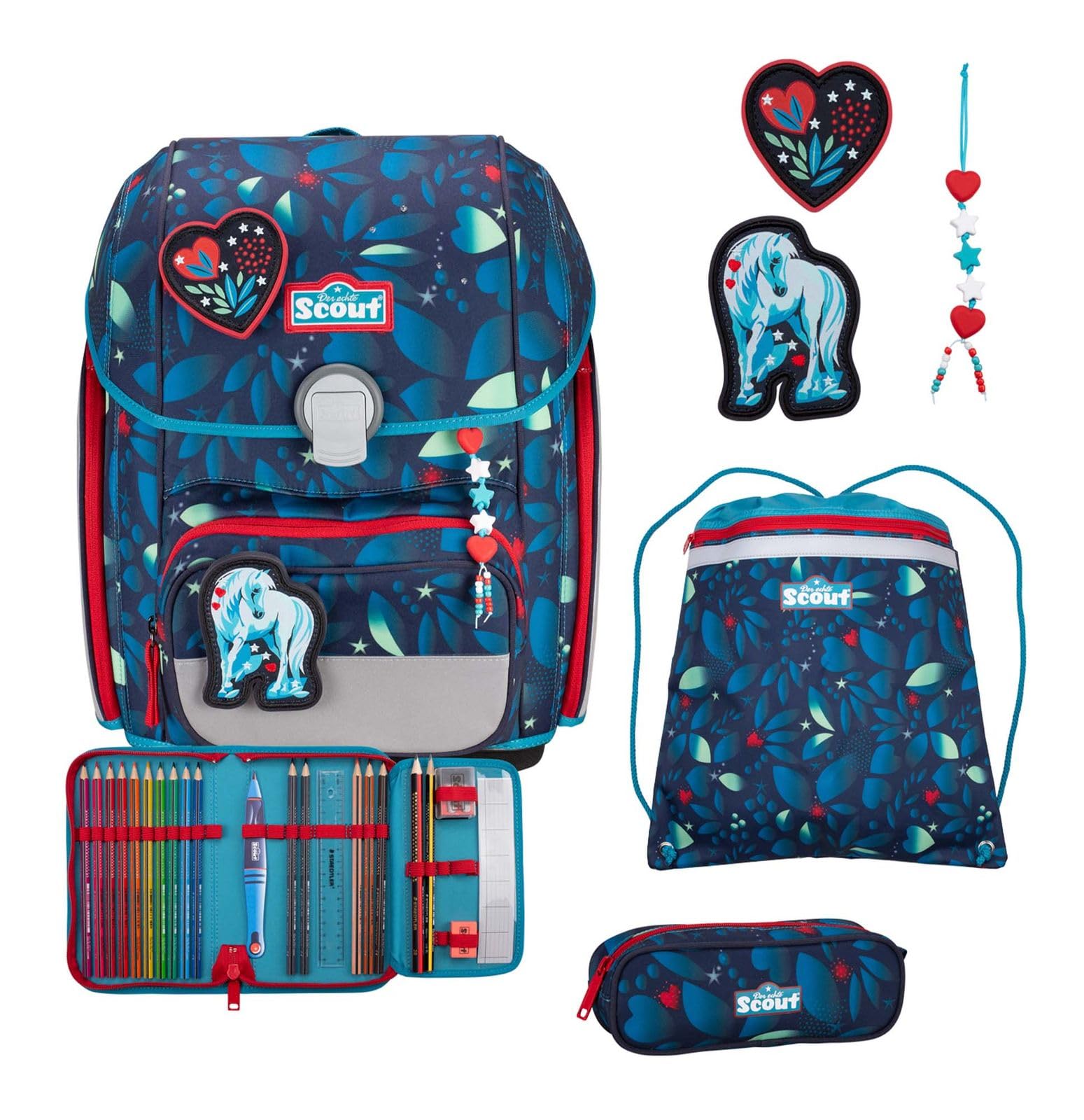 SCOUT Schulranzen LED Genius Set 4-teilig White Unicorn dunkelblau