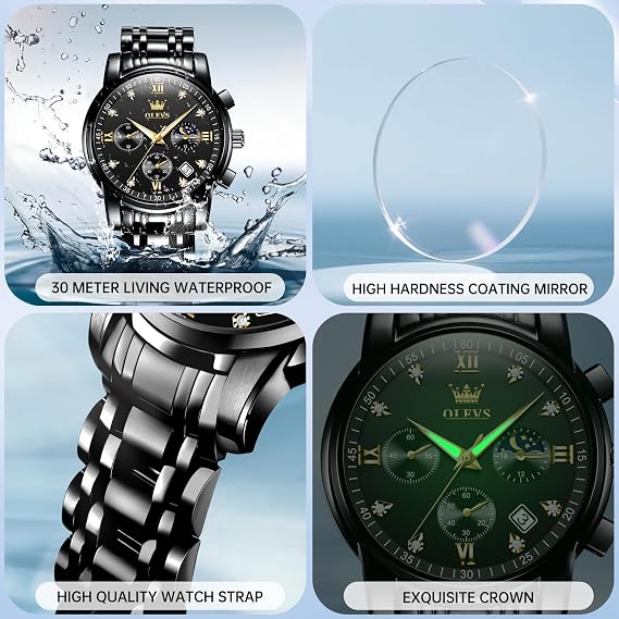OLEVS Men's Waterproof Quartz Watch, Chronograph Stainless Steel Analog Watch for Men Functional Dial with Date Diamond Luminous Business Men's Watch