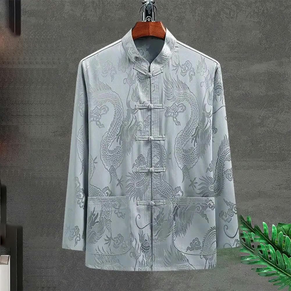 Chinese Traditional Men Tang Suit Stand Collar Long Sleeve Print Shirt Pockets Tai Chi Tops