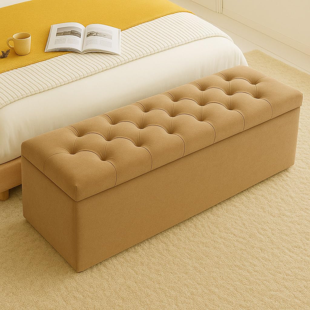 Milan Velvet Ottoman Storage Box, Upholstered Blanket Box with Hinged Lid, Bedroom Storage Ottoman, End of Bed Storage Bench, Padded Ottoman Storage Seat for Living Room & Hallway