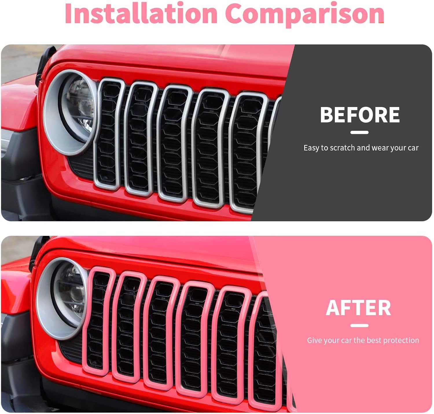 Front Grill Insert Grille Inserts Cover Kit 7Pcs Compatible with 2024-2025+ Jeep Wrangler JL JLU & Gladiator JT,Pink