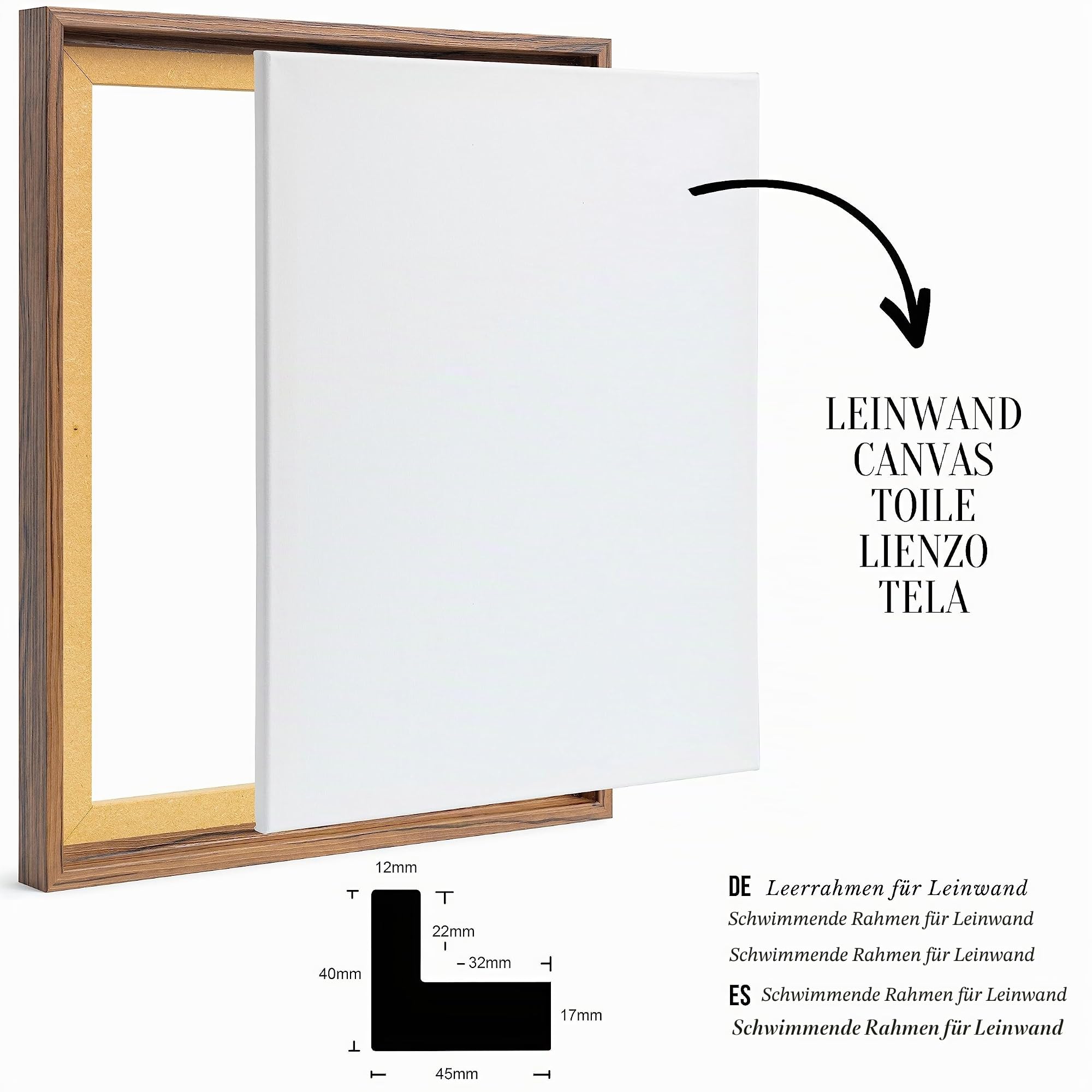 Schattenfugenrahmen - 70x100 cm - Nussbaum - für Leinwandbilder auf Keilrahmen - Leerrahmen ohne Glas und Rückwand