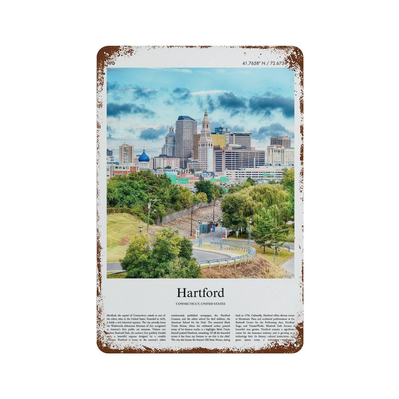 xiaoxiaoshen Hartford Connecticut, United States, USA City Scenery Wall Decor Art Metal Tin Poster Modern Home Decor Art Home Bar Shop Decorations Vintage Sign 30x20cm