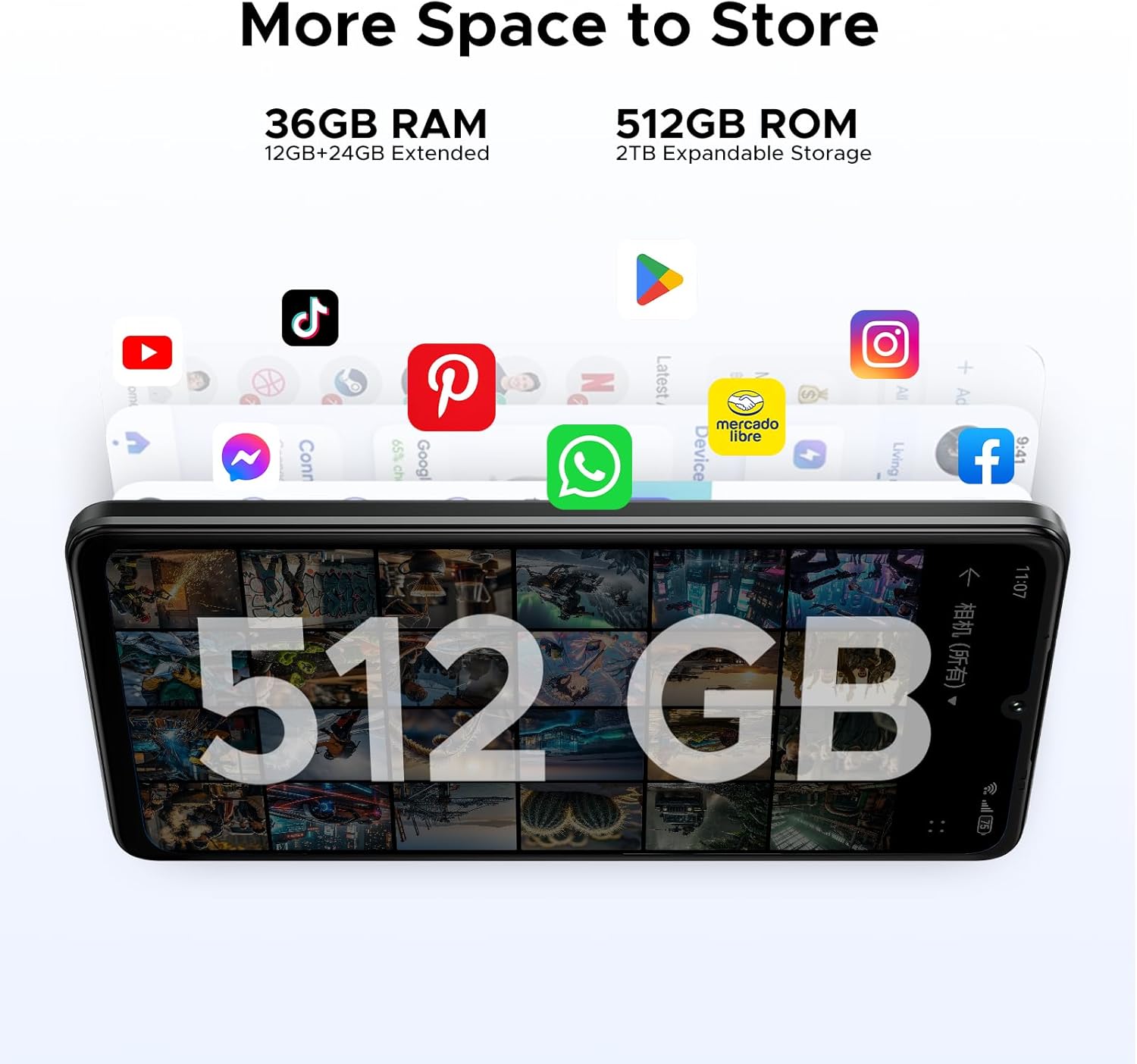 512GB ROM and 36GB RAM storage illustration