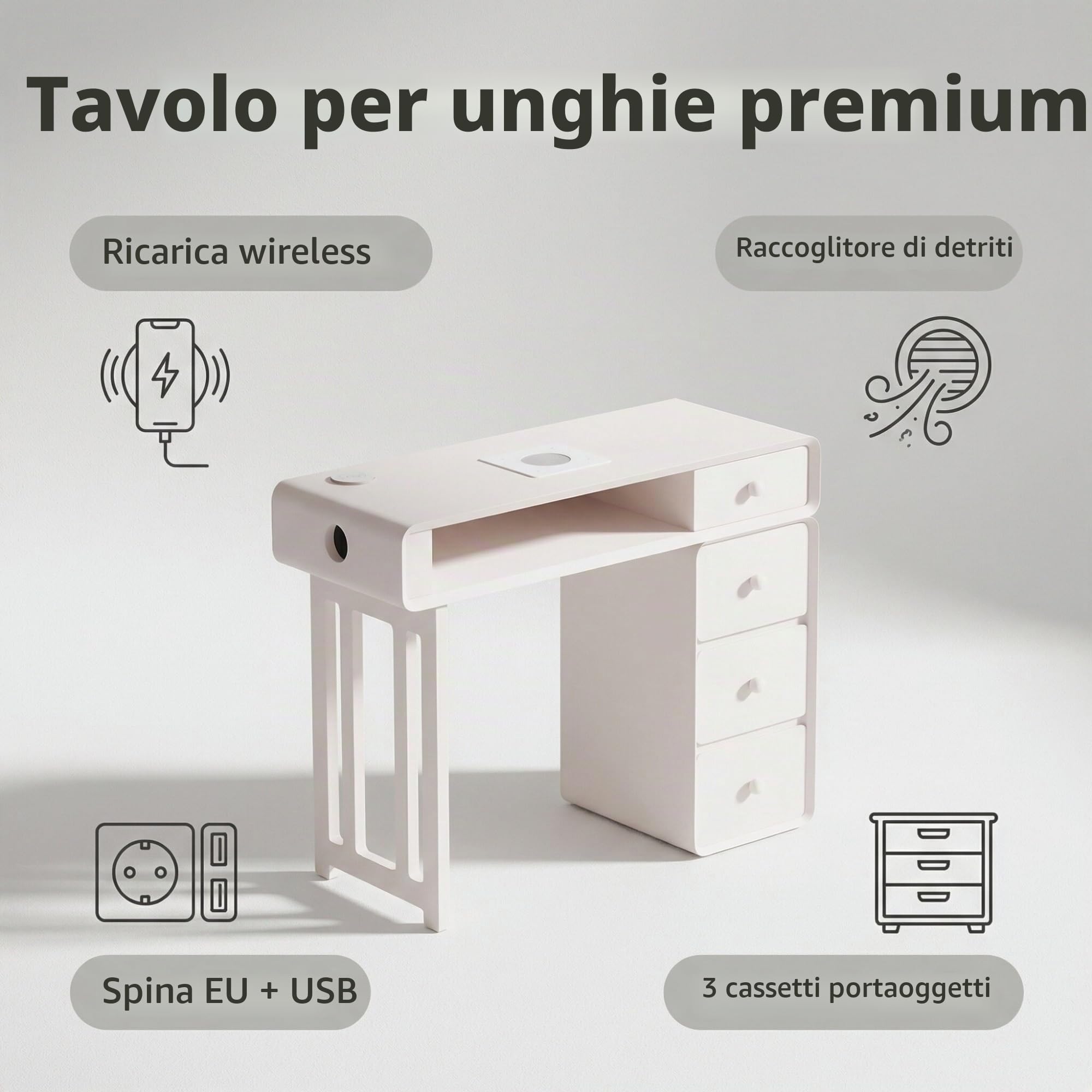 Tavolo Manicure Professionale – Aspiratore 80W, Illuminazione LED Anti-Ombre, Ricarica Wireless, 4 Cassetti + 1 Ripiano, Gambe in Legno | Salone di Bellezza & Uso Domestico(31.5IN/80CM)