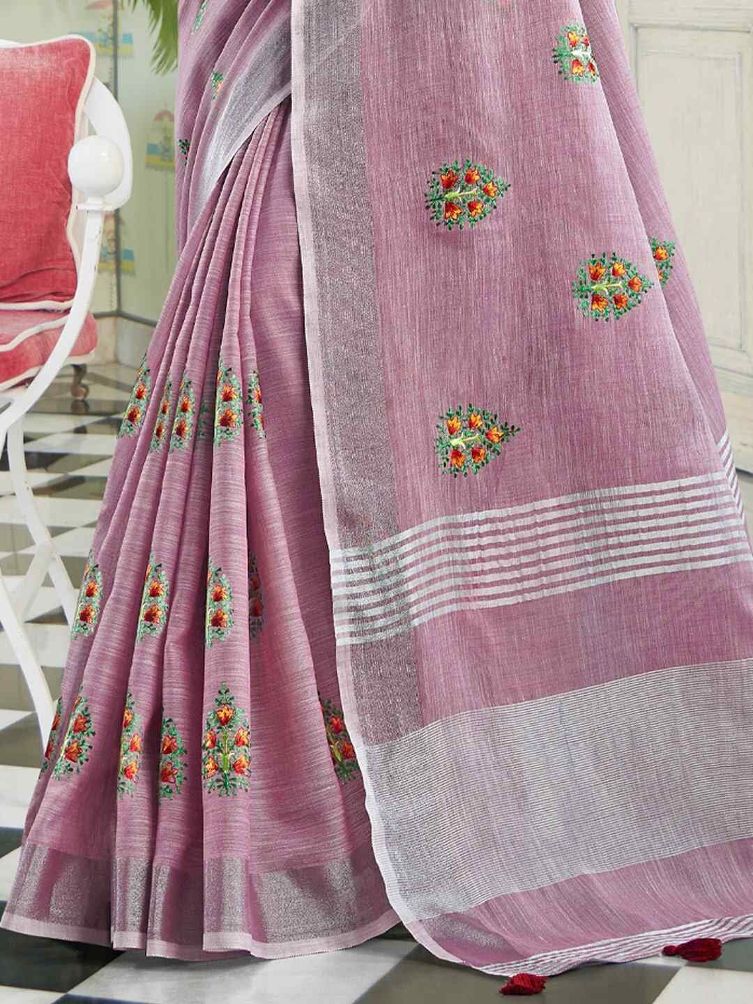 Shiv Textiles Women's Linen Floral Printed Saree(AUS-SGAMY24004-ROSE PINK) 2
