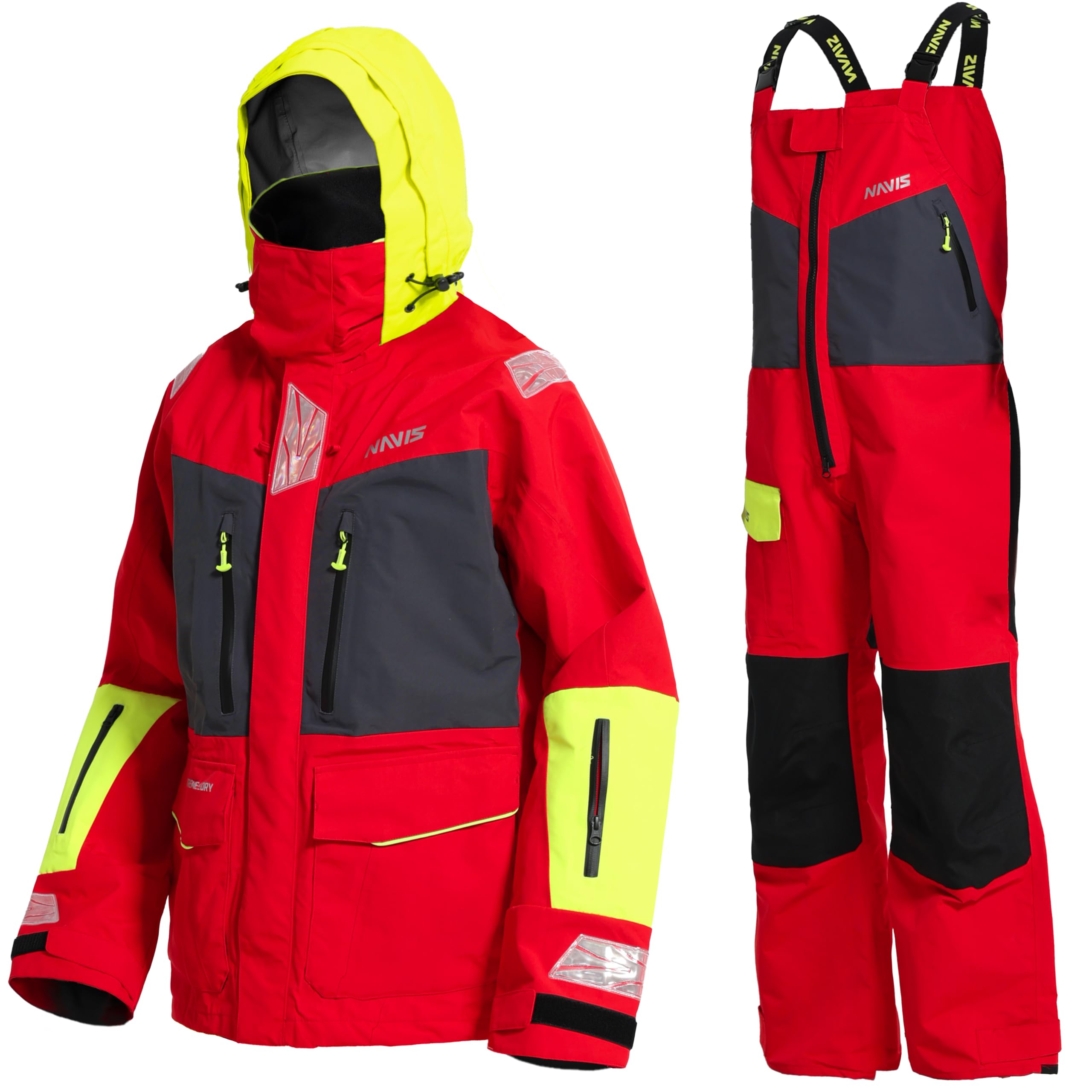 Men's PRO Sailing Jacket Waterproof & Offshore Bib Pants + Hi-Vis Hoodie 3-Piece Wet Weather Gear for Crew & Ocean Racing