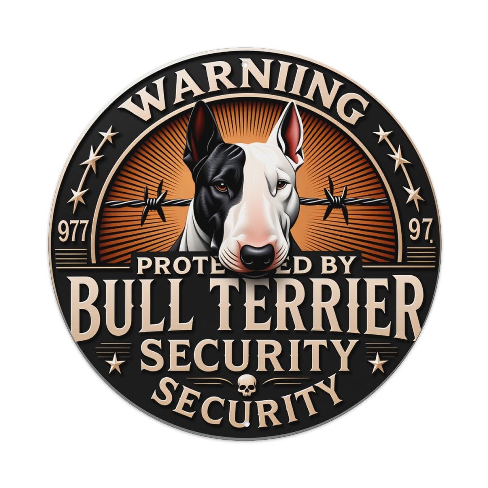 Bull Terrier Security Warning Sign Pattern Print Round Vintage Tin Sign,Retro Wall Art,Metal Poster for Home, Bar, Garage, Cafe, Rustic Indoor & Outdoor Decor, 8x8 Inches