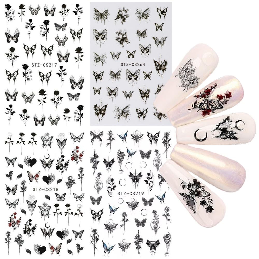 S.A.V.I 4 Pcs Set Self-Adhesive Butterfly & Rose Nail Stickers - Black, Red, Blue Floral Decals for DIY Manicure Art - Long-Lasting, Easy to Apply Nail Decor for Salons & Home Use-image-35
