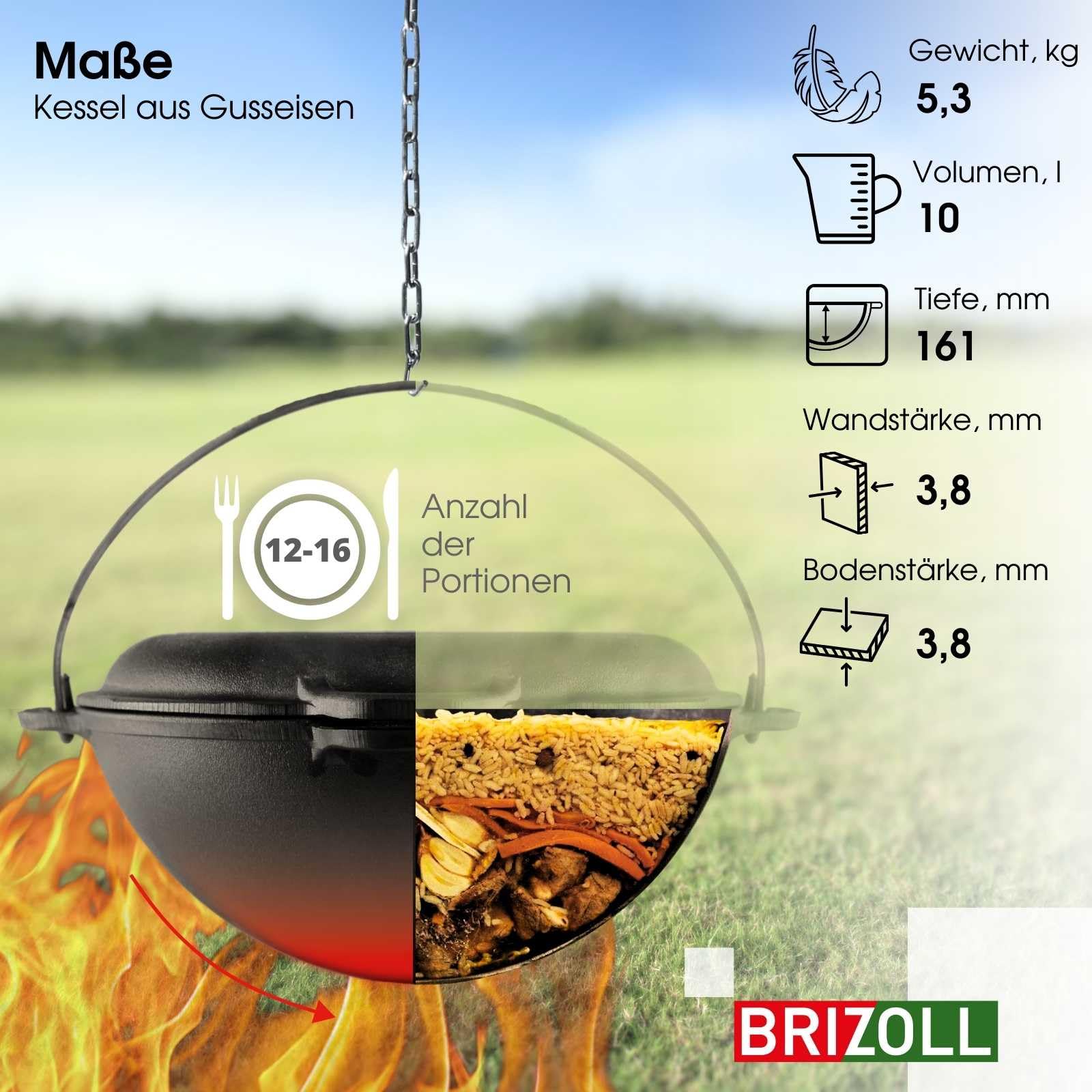 4BIG.fun 10L Gusseisen Schwenktopf Kazan Asia Kasan mit Deckel-Bratpfanne aus Gusseisen Grillwok Wokpfanne Grill Cast Iron Campingtopf Kessel Wok Traditioneller